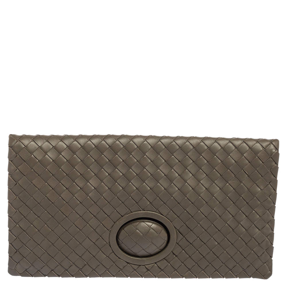 Pre Owned Bottega Veneta Olive Green Intrecciato Leather Twist Lock Clutch