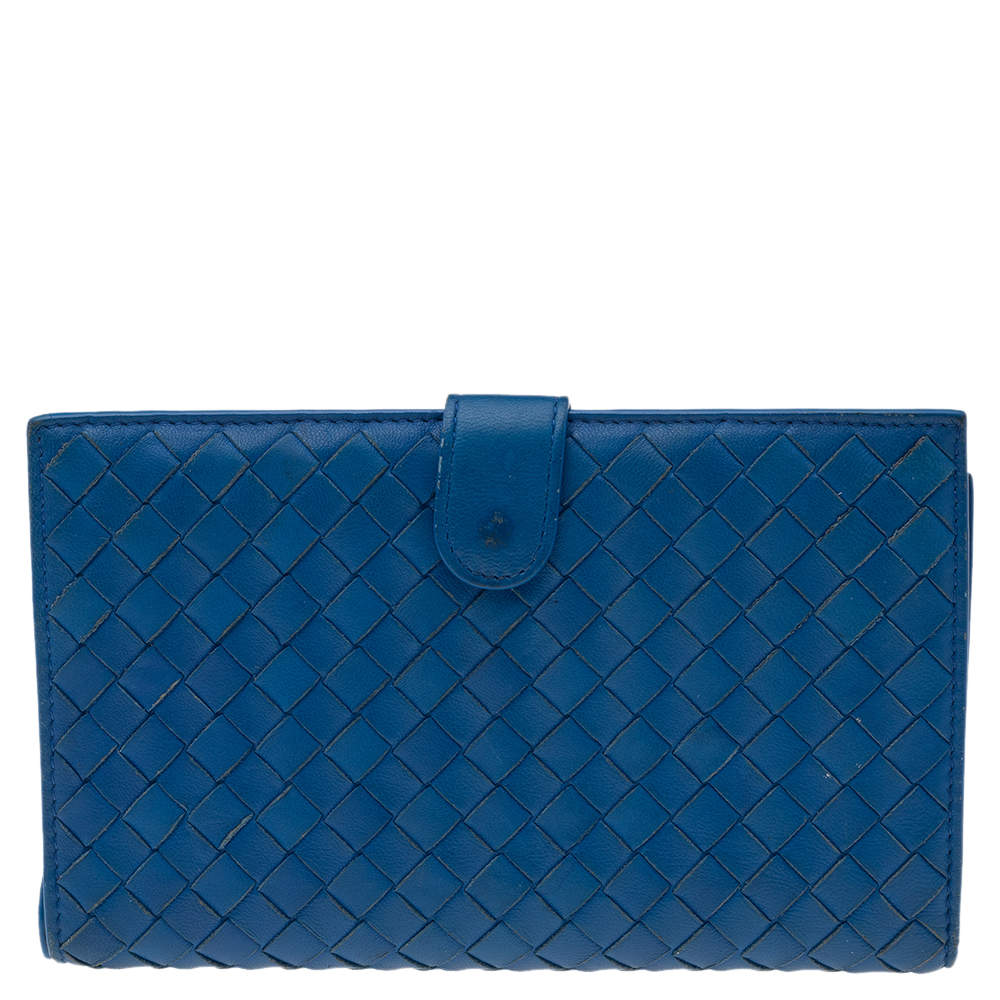 Pre Owned Bottega Veneta Blue Intrecciato Leather Continental Wallet