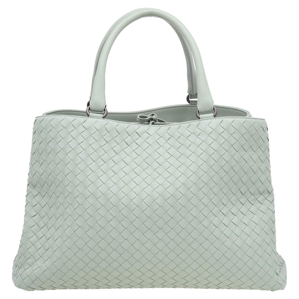 Pre Owned Bottega Veneta Pale Green Intrecciato Leather Tote