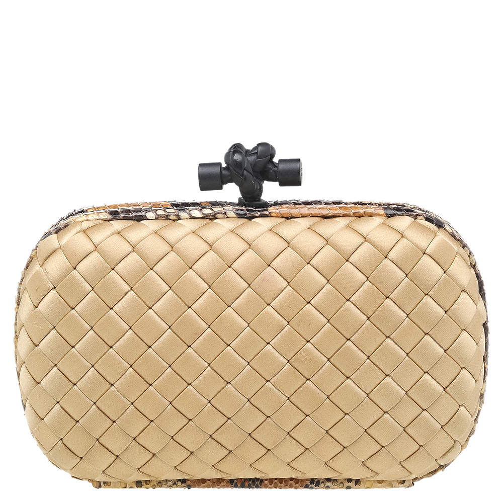 Pre Owned Bottega Veneta Beige-Brown Intrecciato Satin And Python Leather Trim Knot Clutch