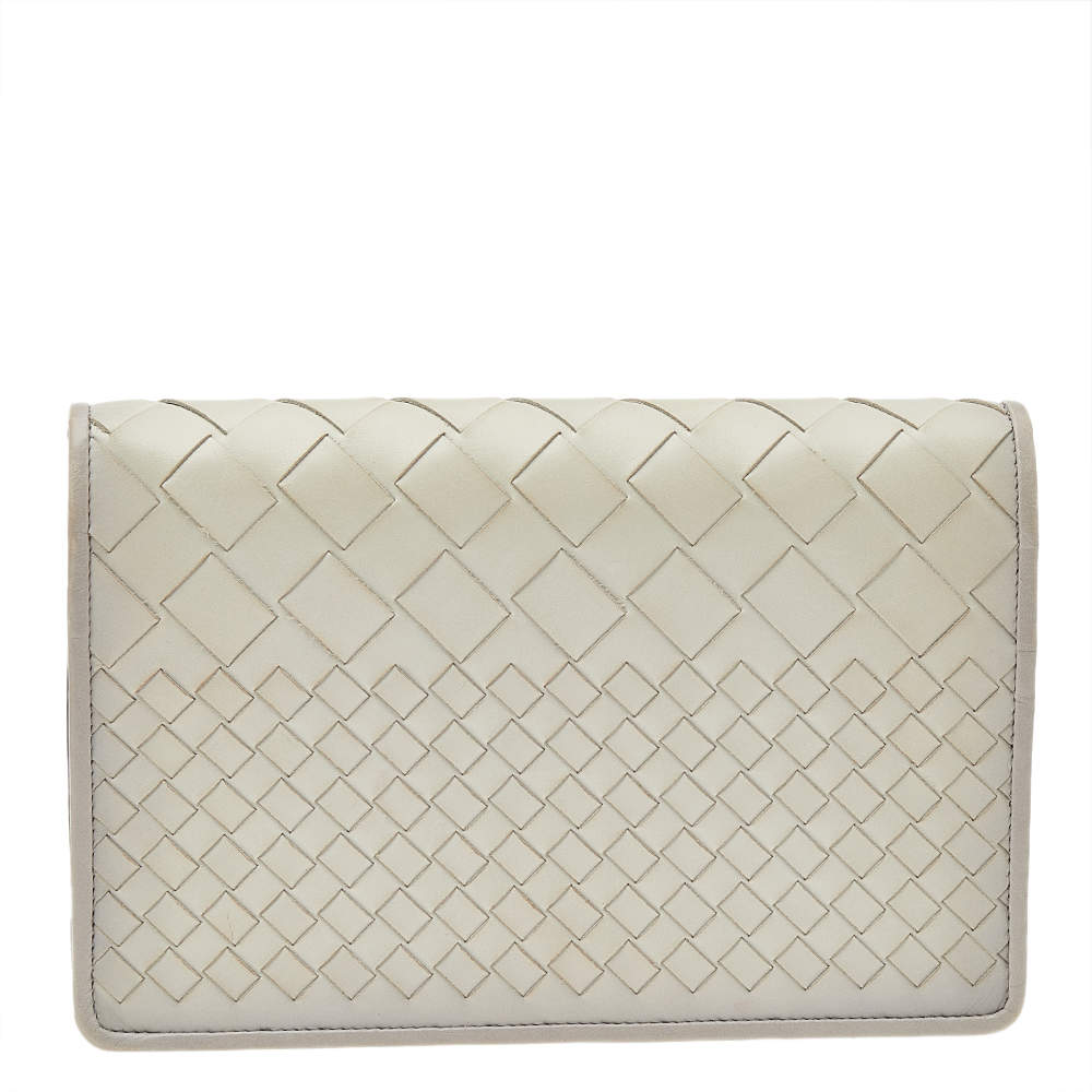 Pre Owned Bottega Veneta Off White Intrecciato Leather Clutch
