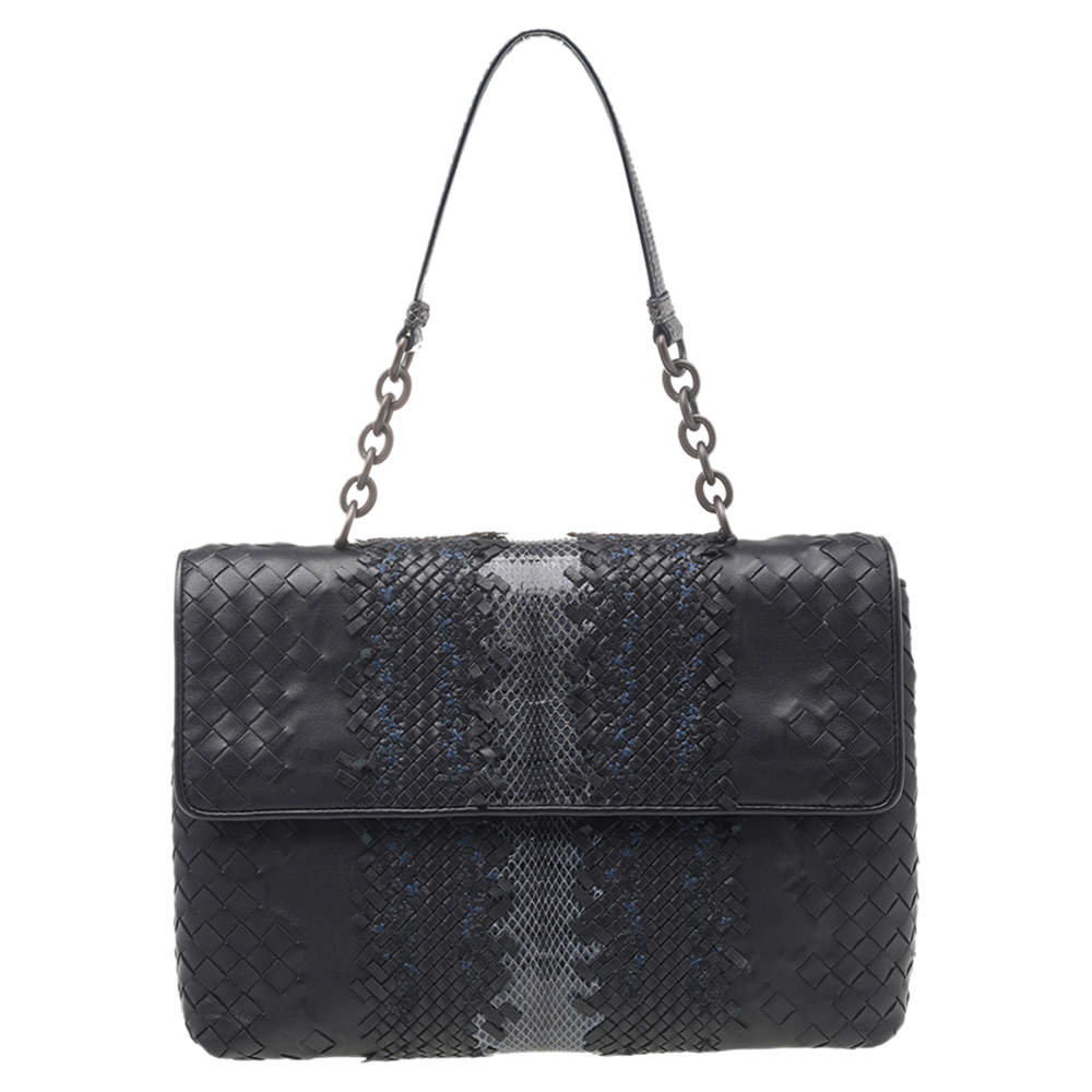 Pre Owned Bottega Veneta Black/Blue Intrecciato Leather And Python Trim Olimpia Bag