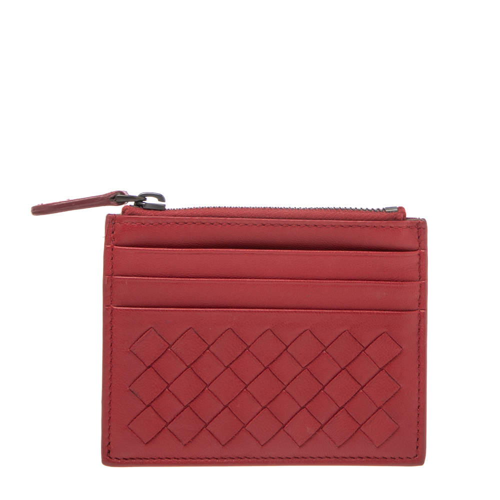 مملوكة مسبقًا Bottega Veneta Red Intrecciato Leather Zip Card Holder