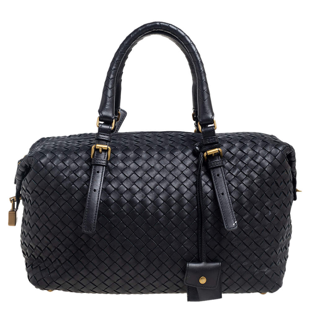 Pre Owned Bottega Veneta Black Intrecciato Leather Montaigne Satchel