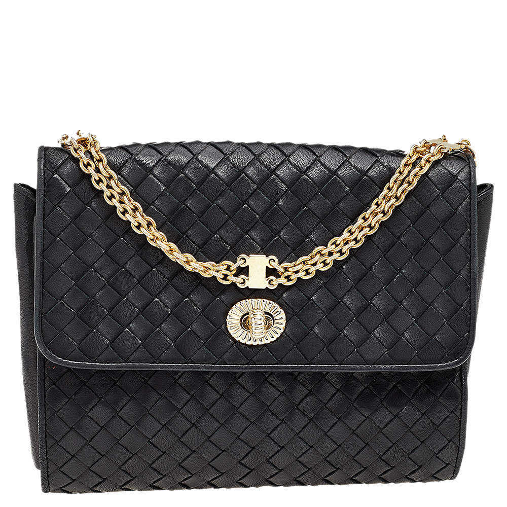 Pre Owned Bottega Veneta Black Intrecciato Leather Flap Chain Shoulder Bag