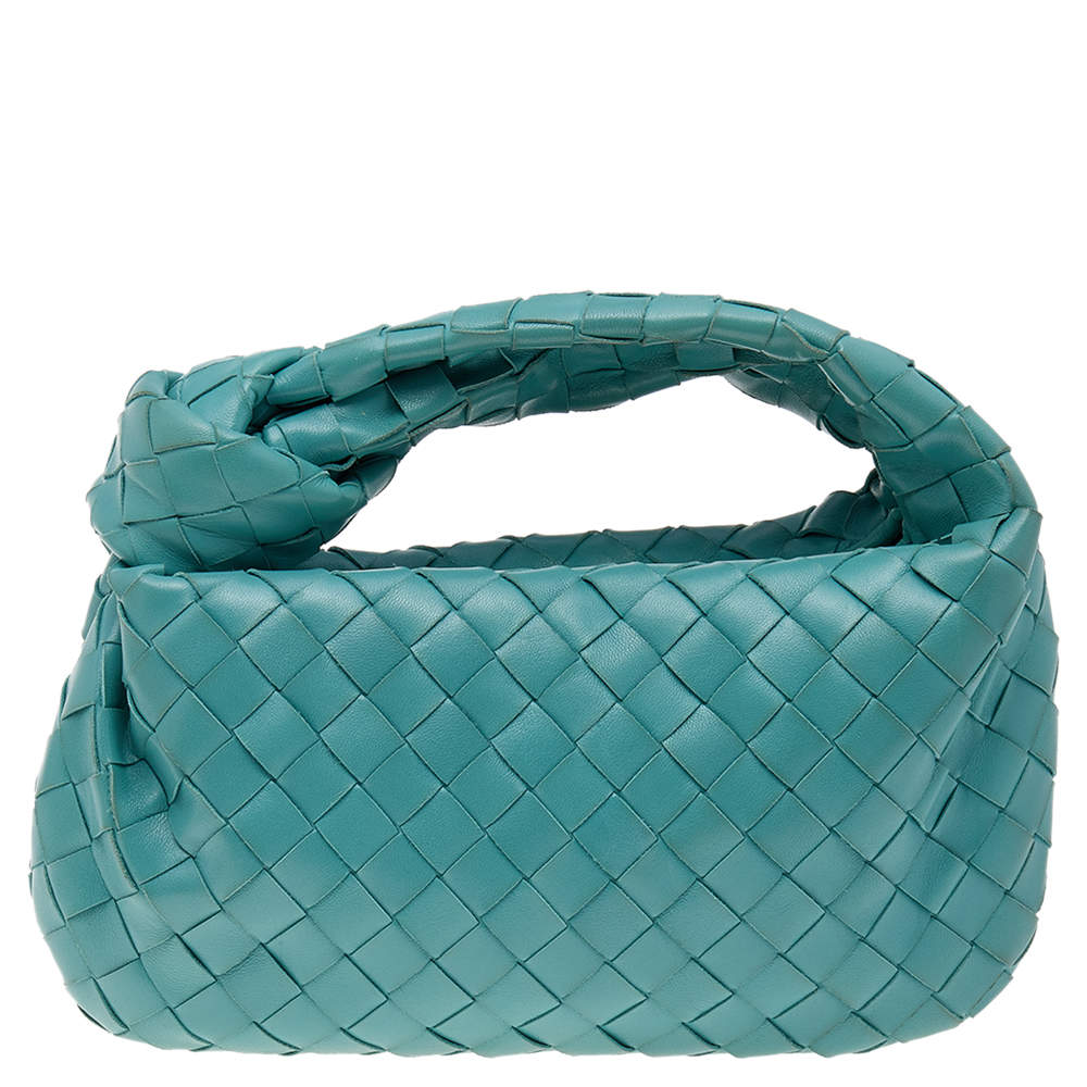 Pre Owned Bottega Veneta Turquoise Blue Intrecciato Leather Mini Jodie Hobo