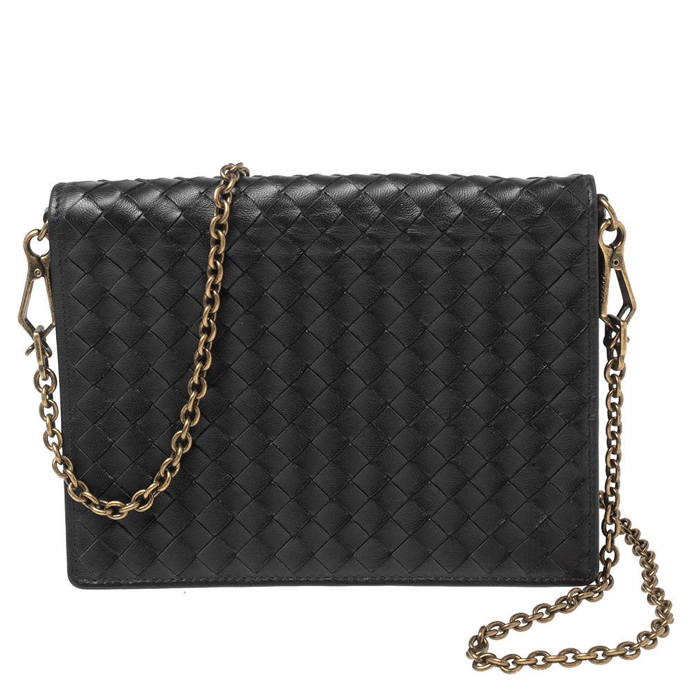 Pre Owned Bottega Veneta Black Intrecciato Leather Chain Crossbody Bag