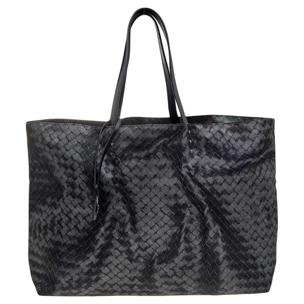 Pre Owned Bottega Veneta Grey Intrecciolusion Nylon Medium Tote