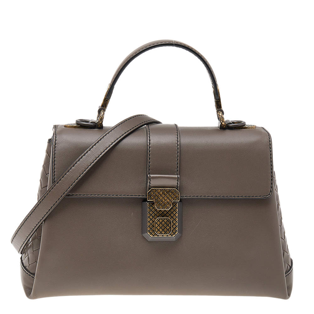 Pre Owned Bottega Veneta Grey Leather Small Small Piazza Bag