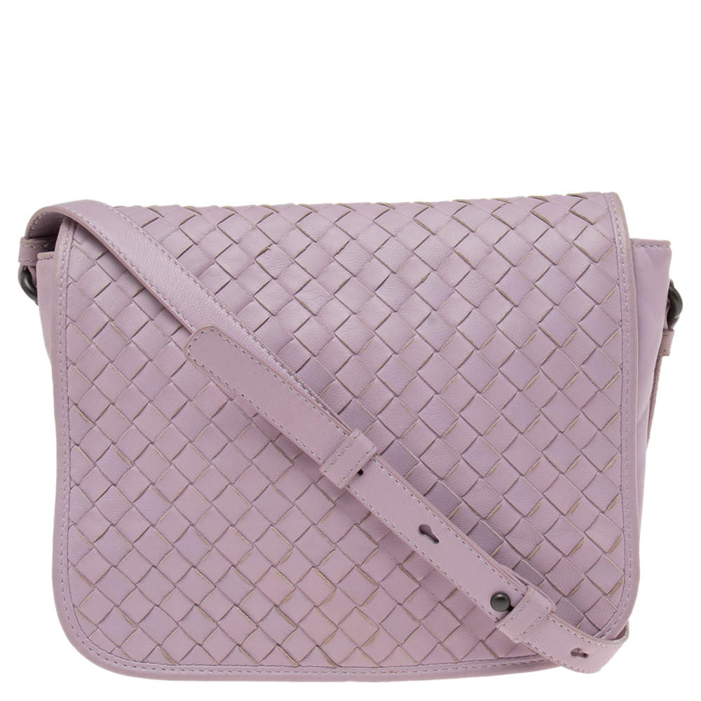 Pre Owned Bottega Veneta Pink Intrecciato Leather Flap Crossbody Bag