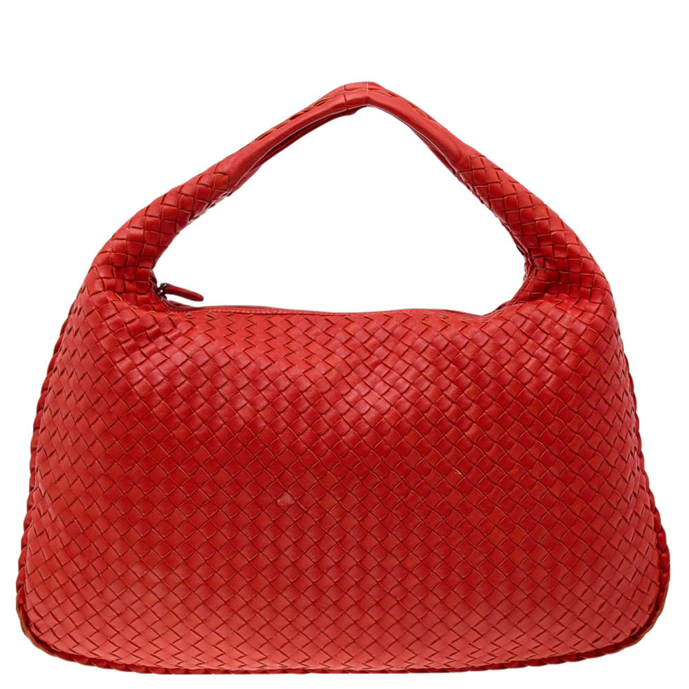 Pre Owned Bottega Veneta Orange Intrecciato Leather Medium Veneta Hobo