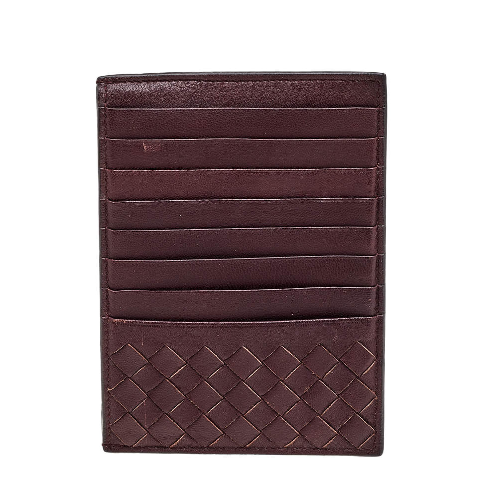 Pre Owned Bottega Veneta Burgundy Intrecciato Leather Card Holder