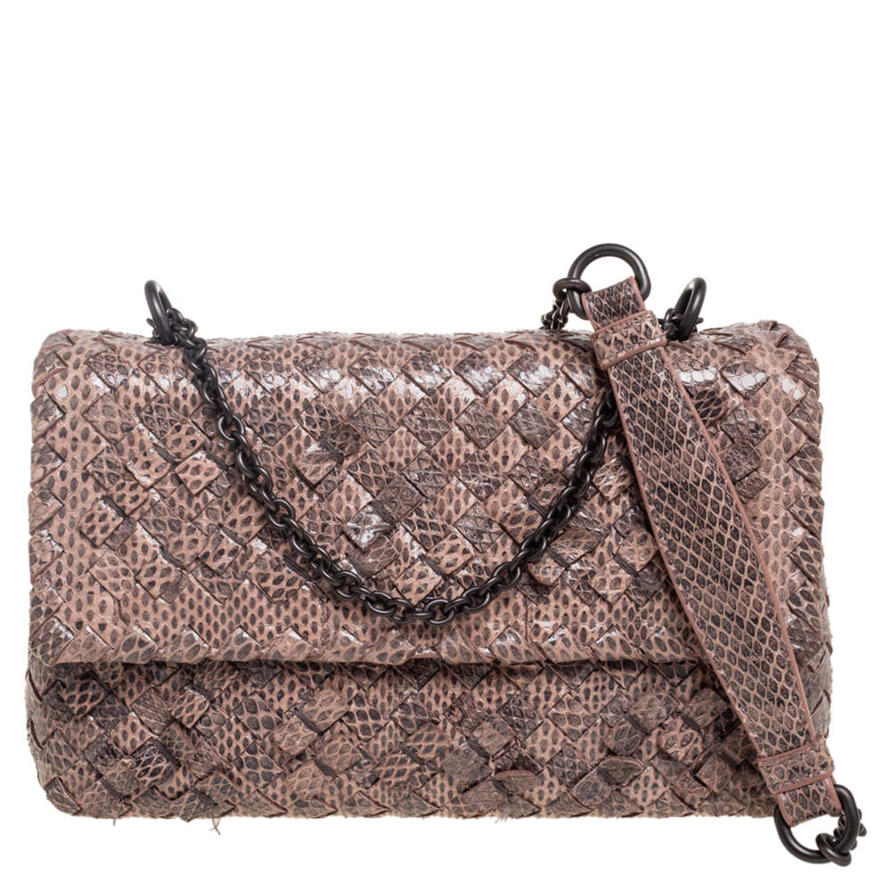 Pre Owned Bottega Veneta Beige/Black Intrecciato Snakeskin Olimpia Shoulder Bag