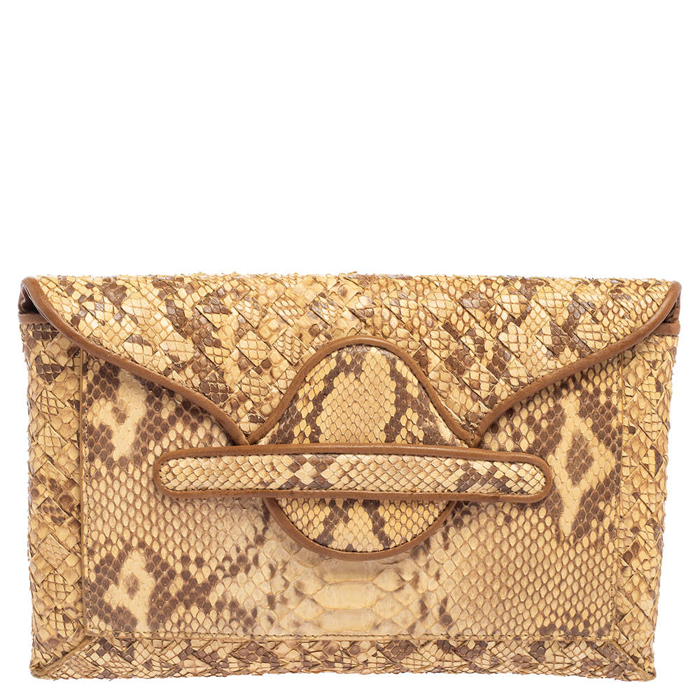 Pre Owned Bottega Veneta Cream Python Flap Clutch