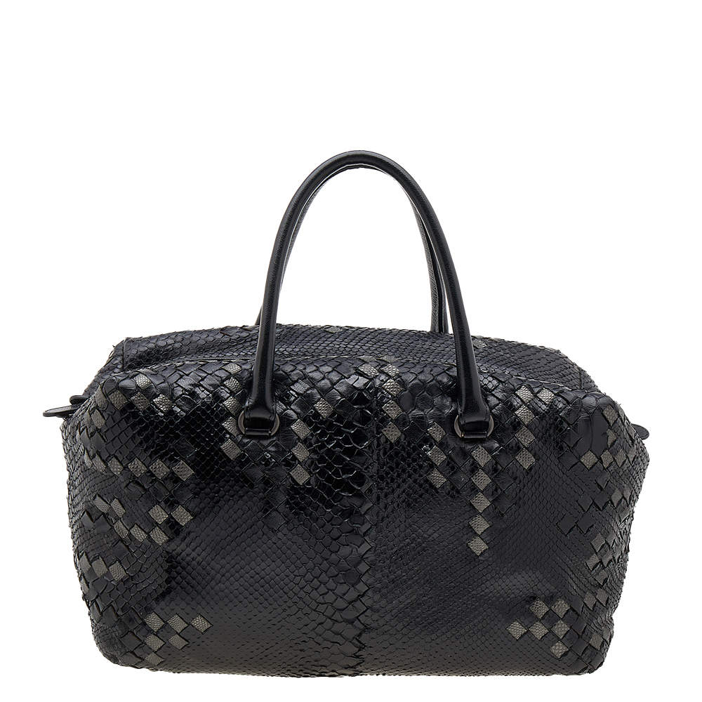 Bottega Veneta Black/Grey Python Intrecciato Leather Boston Bag