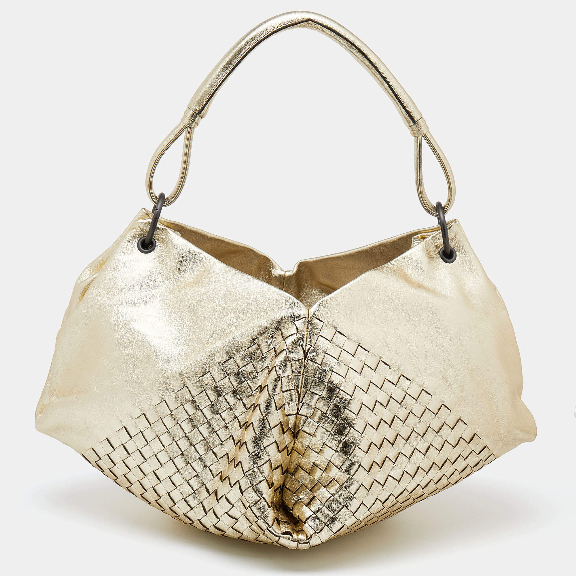 Pre Owned Bottega Veneta Metallic Gold Leather Intrecciato Aquilone Fortune Cookie Hobo