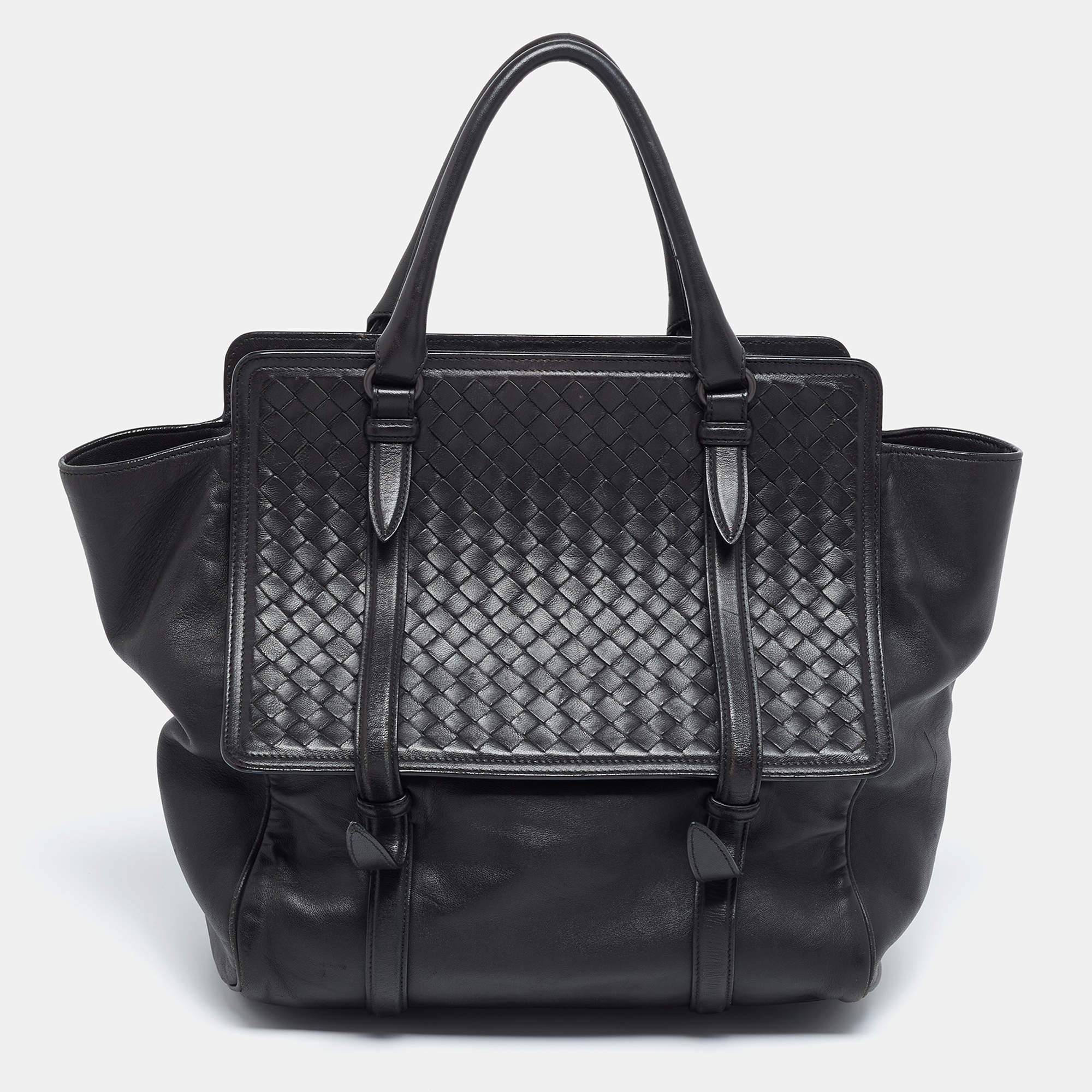 Pre Owned Bottega Veneta Black Intrecciato Snake Skin and Leather Monaco Satchel
