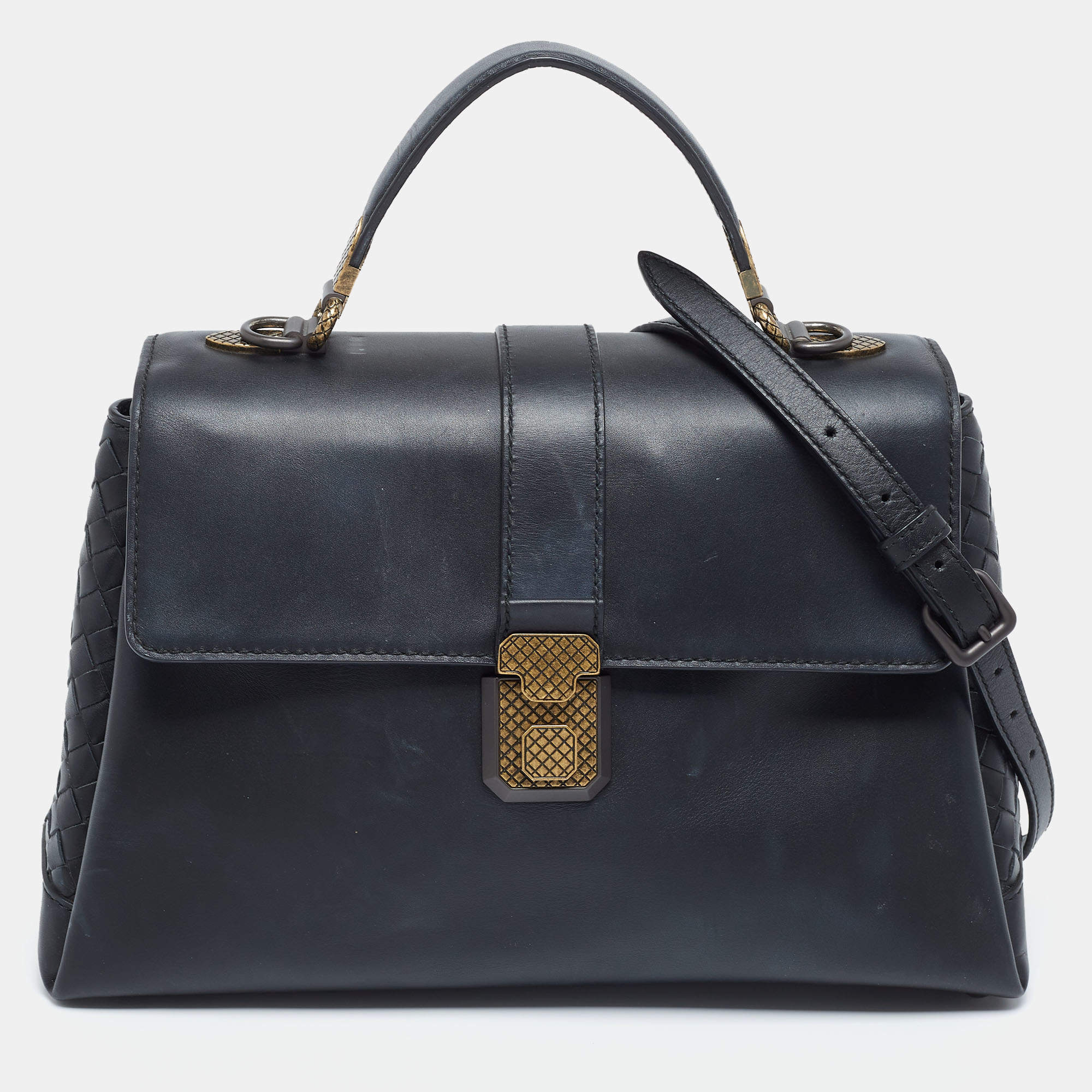 Pre Owned Bottega Veneta Navy Blue Leather Medium Piazza Top Handle Bag