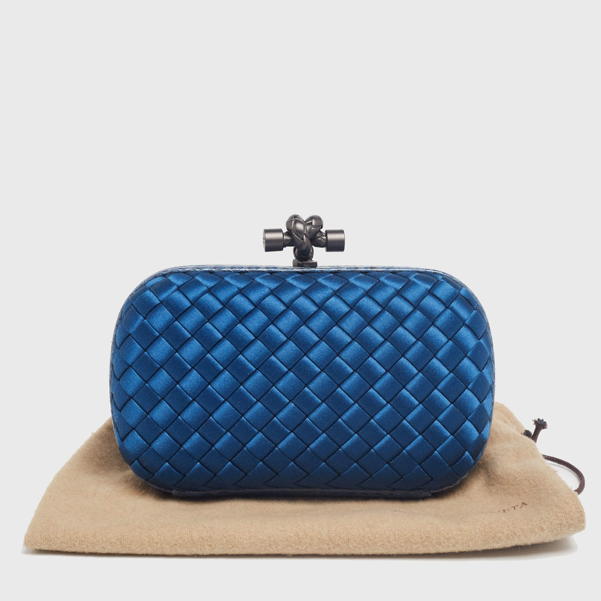 Bottega Veneta Blue Intrecciato Satin and Leather Knot Clutch Bag