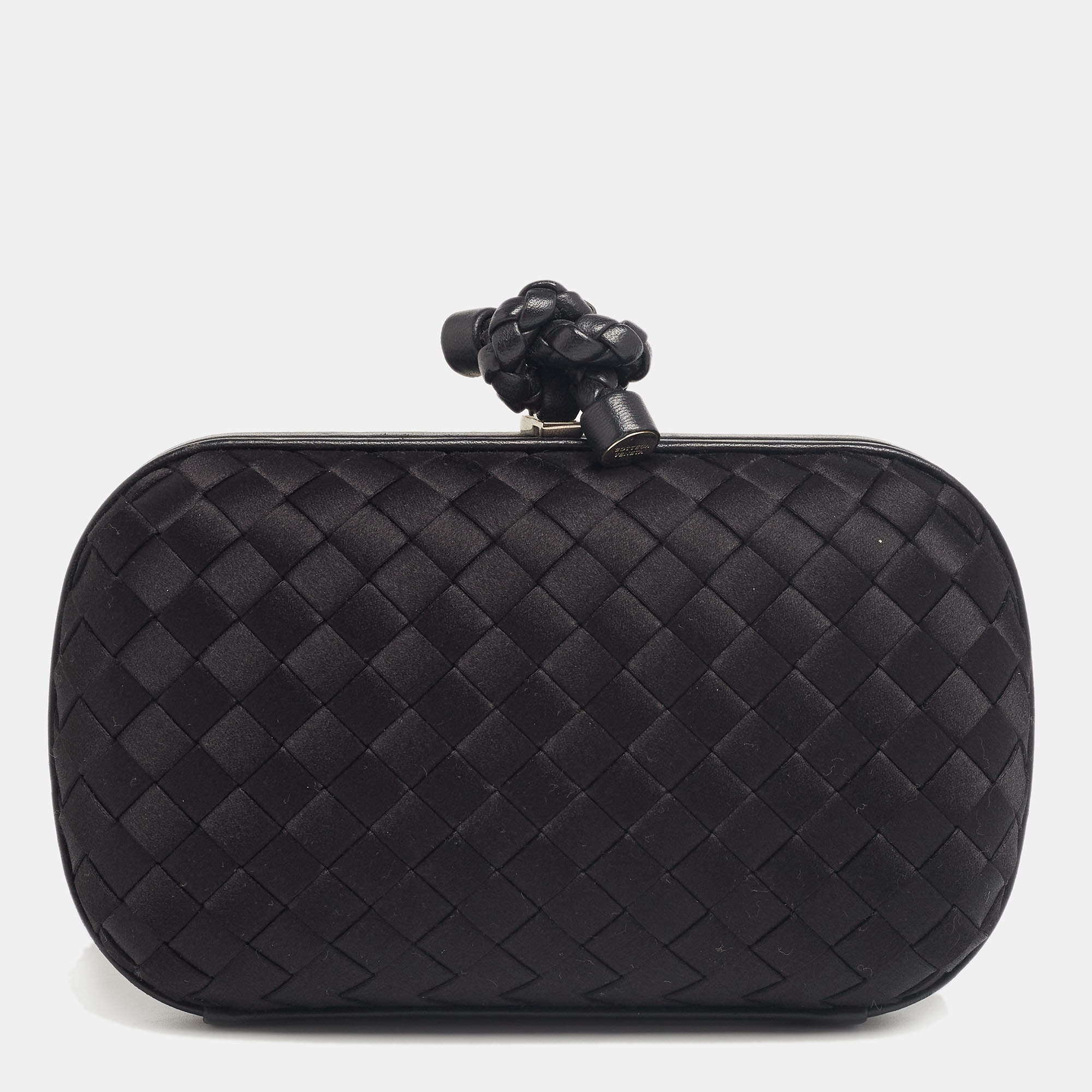 Bottega Veneta Black Intrecciato Knit Fabric and Leather Knot Clutch Bag