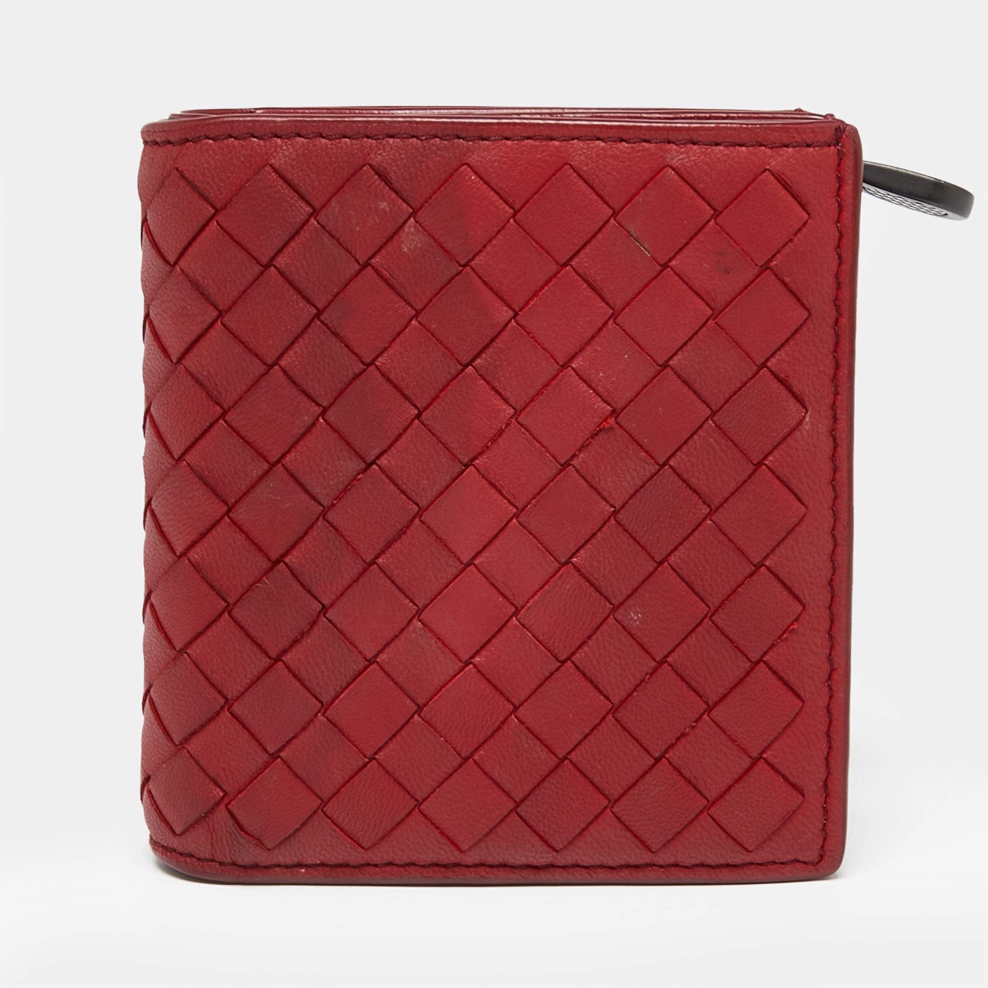 Pre Owned Bottega Veneta Red Intrecciato Leather Flap Compact Wallet