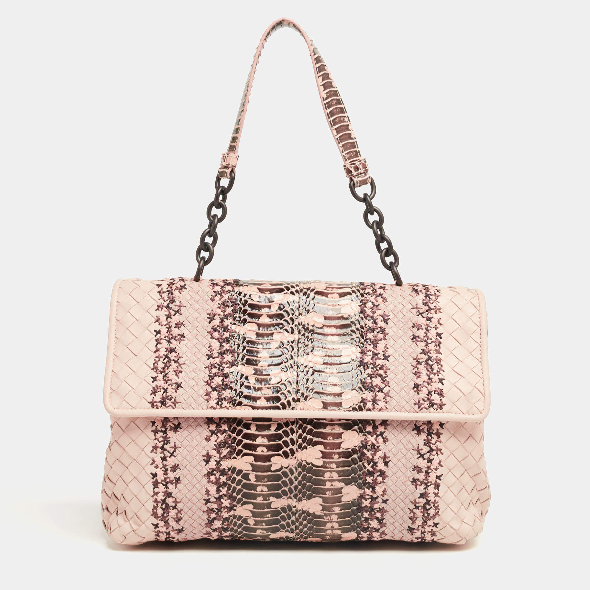 Pre Owned Bottega Veneta Beige/Peach Intrecciato Leather And Python Olimpia Bag