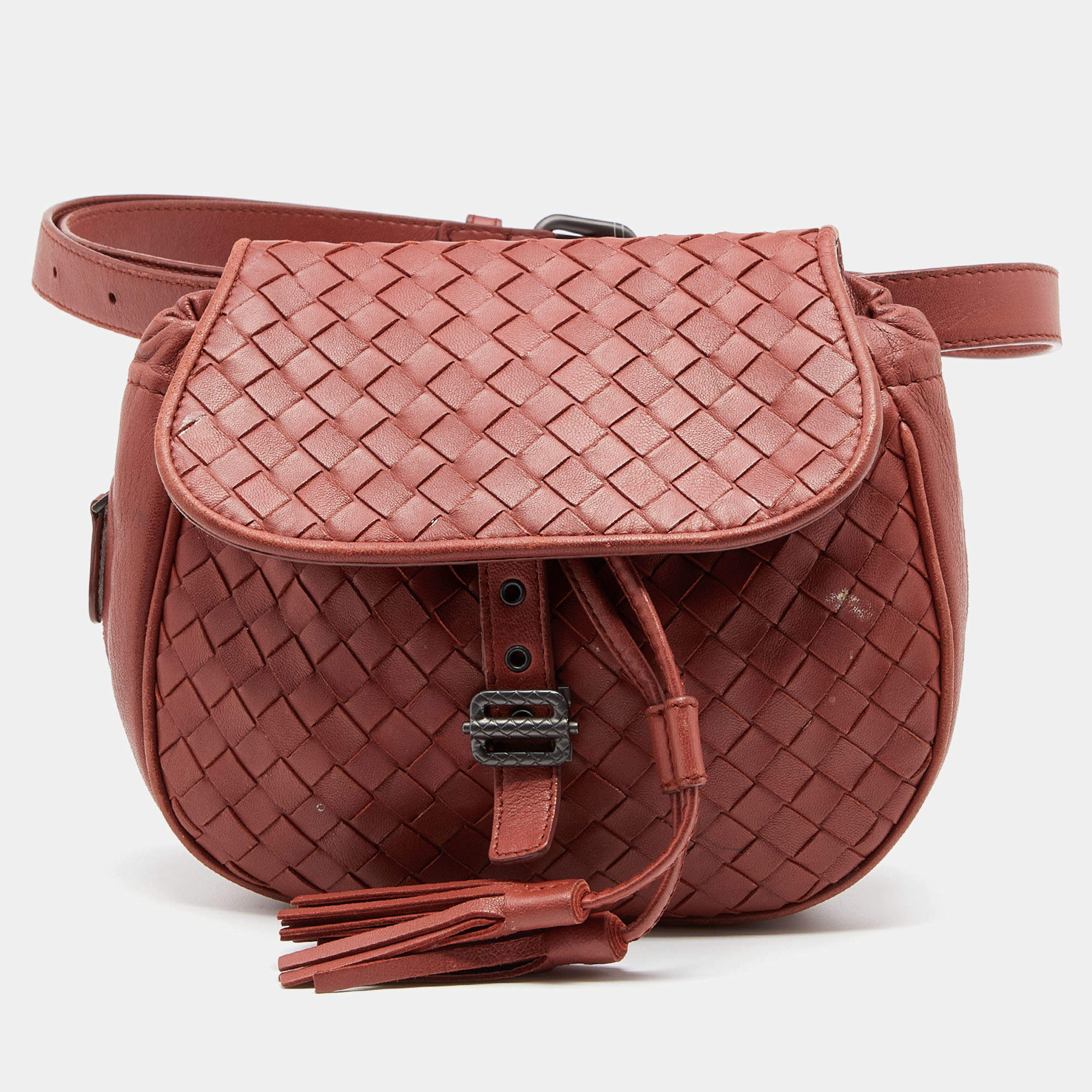 Pre Owned Bottega Veneta Brown Intrecciato Leather Flap Tassel Belt Bag