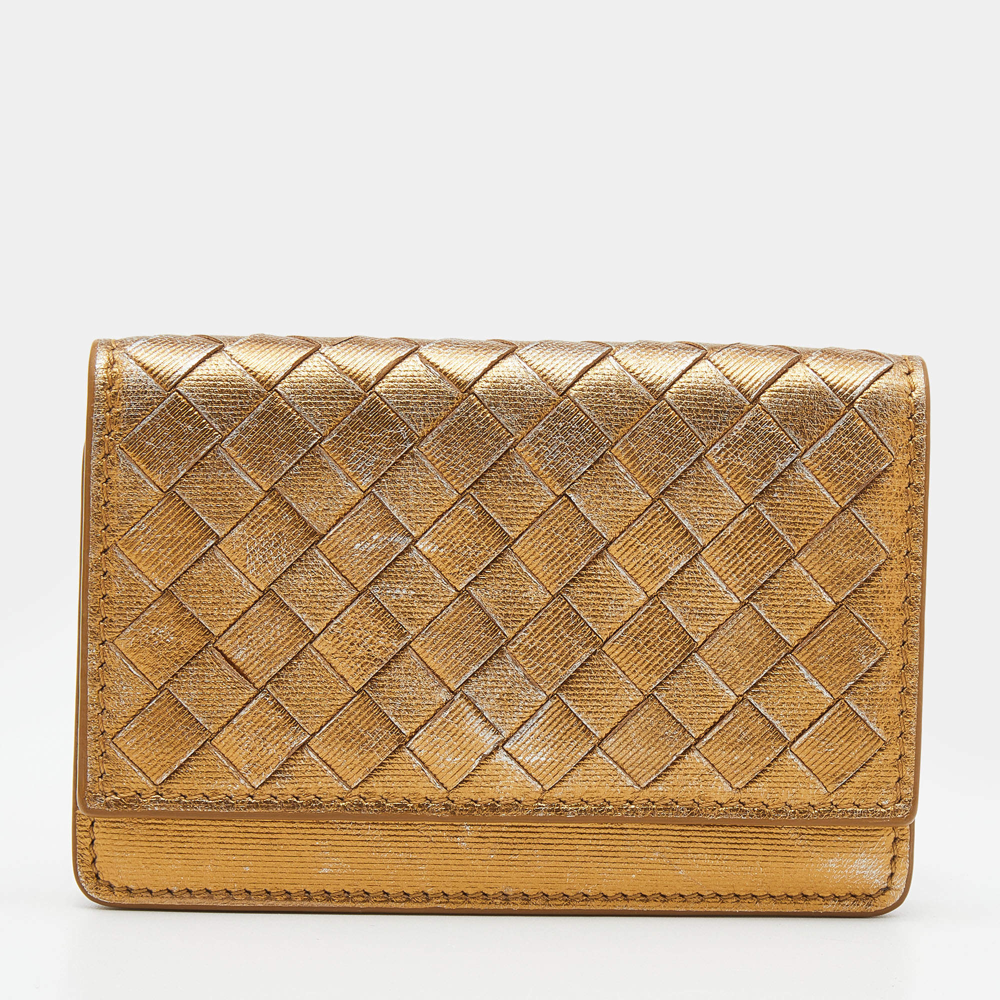 Pre Owned Bottega Veneta Gold Intrecciato Leather Business Card Case