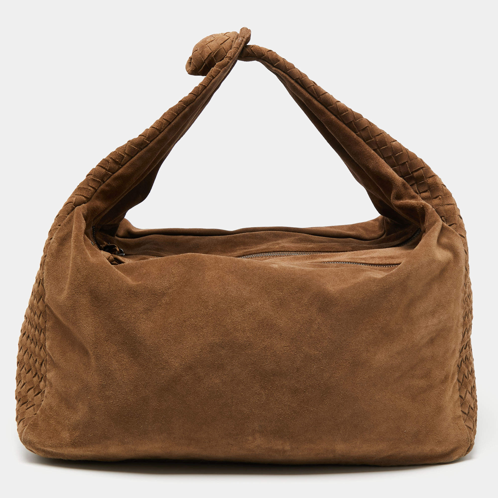 Pre Owned Bottega Veneta Brown Intrecciato Suede Knot Hobo