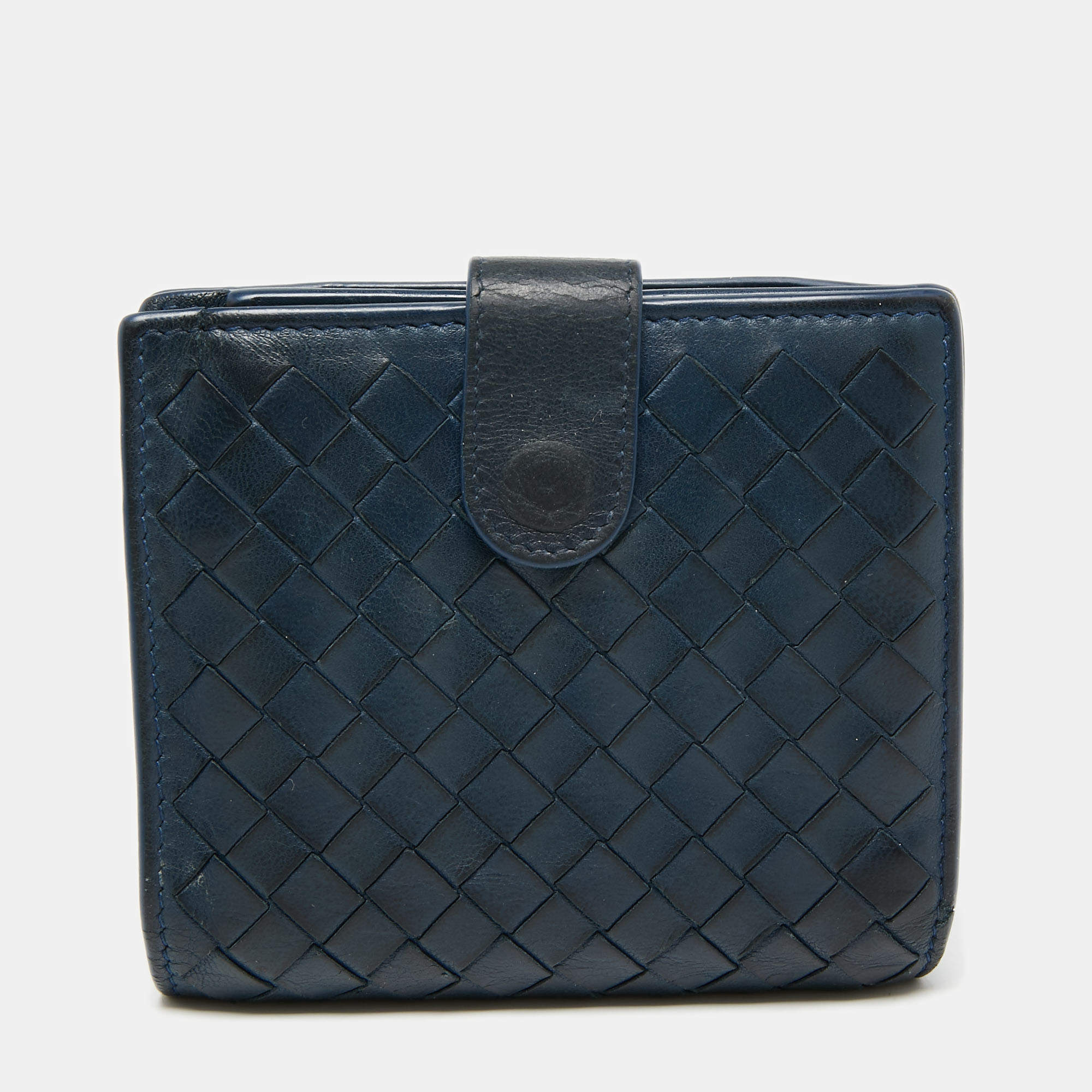 Pre Owned Bottega Veneta Blue Intrecciato Leather French Compact Wallet