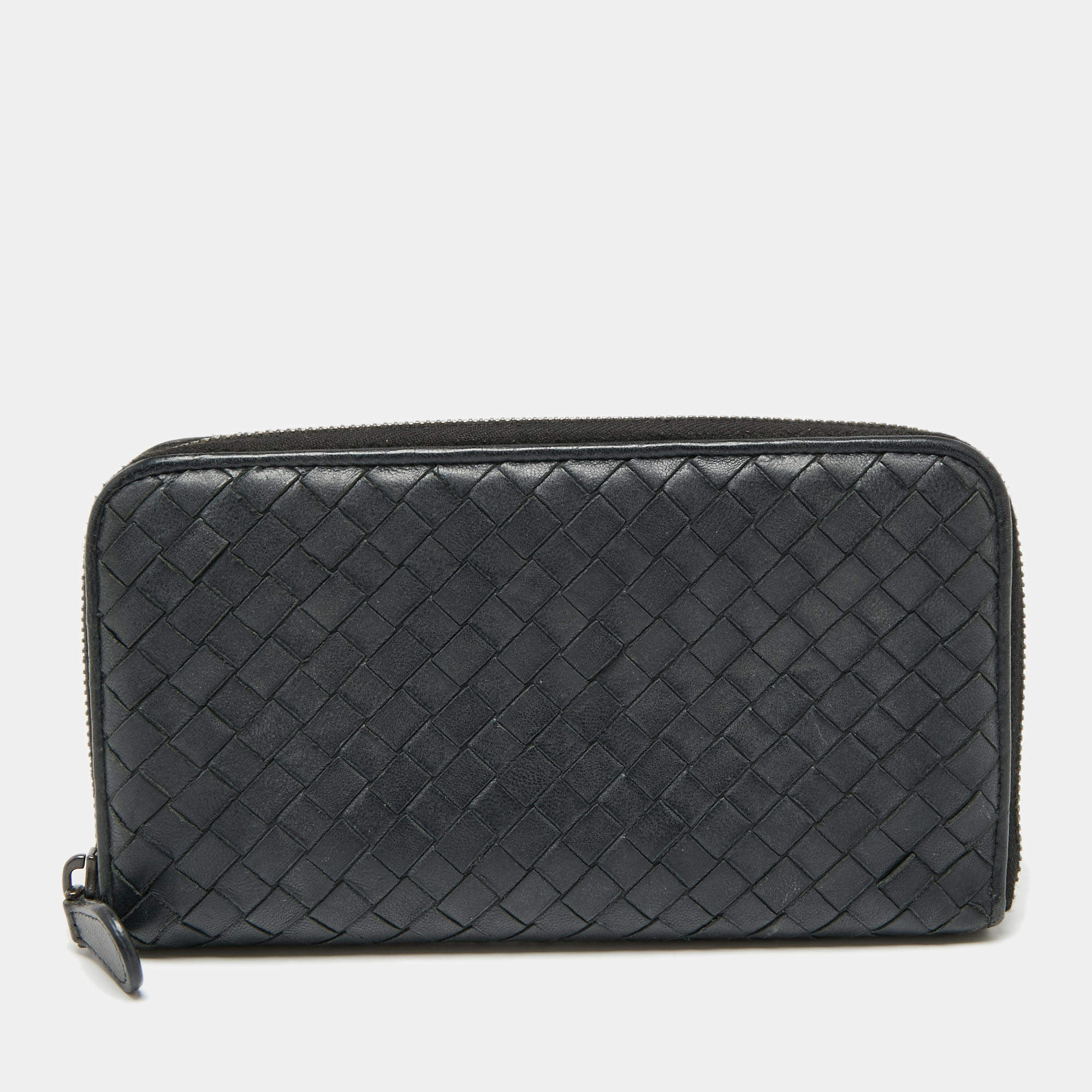 Pre Owned Bottega Veneta Black Intrecciato Leather Zip Around Wallet