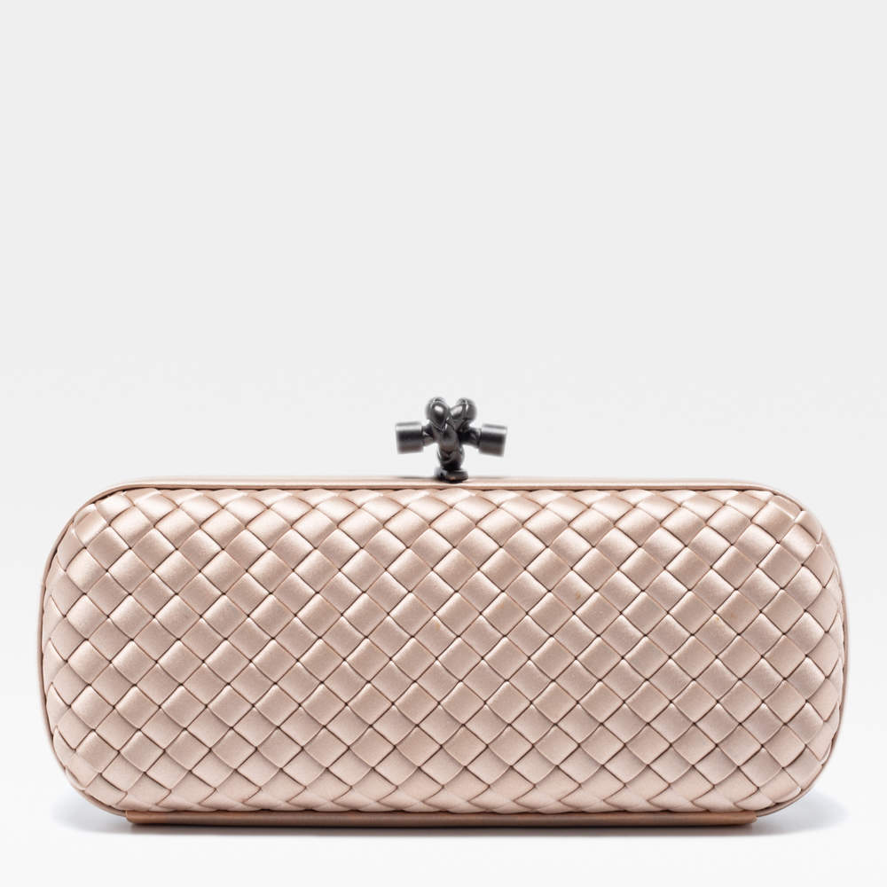Pre Owned Bottega Veneta Beige Intrecciato Satin Knot Clutch