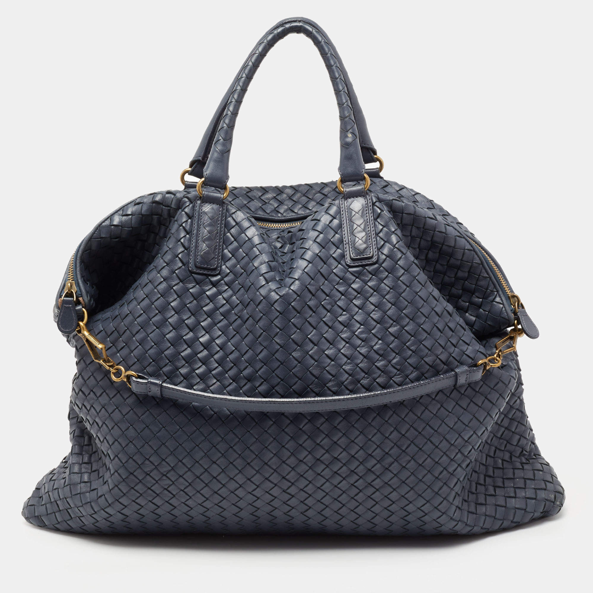 Pre Owned Bottega Veneta Blue Intrecciato Nappa Leather Maxi Convertible Tote