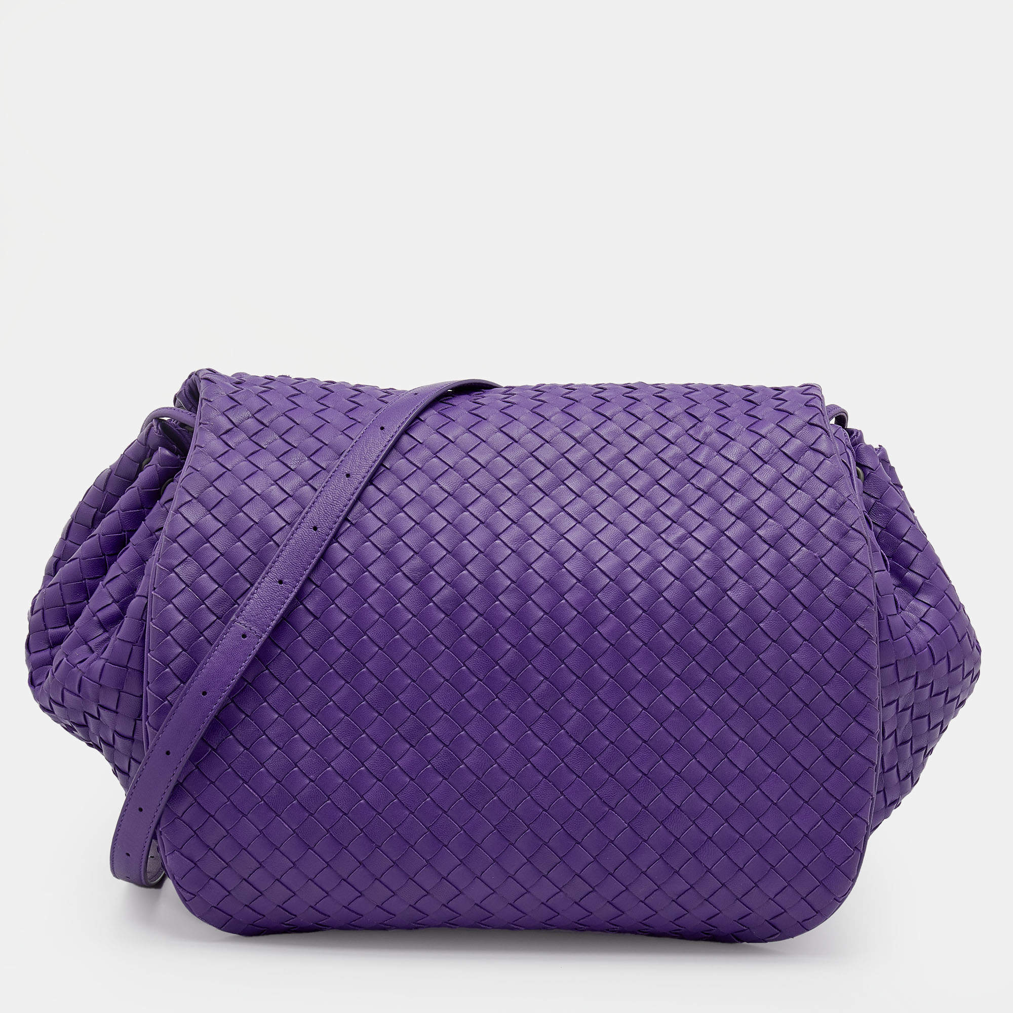 Pre Owned Bottega Veneta Purple Intrecciato Leather Flap Shoulder Bag