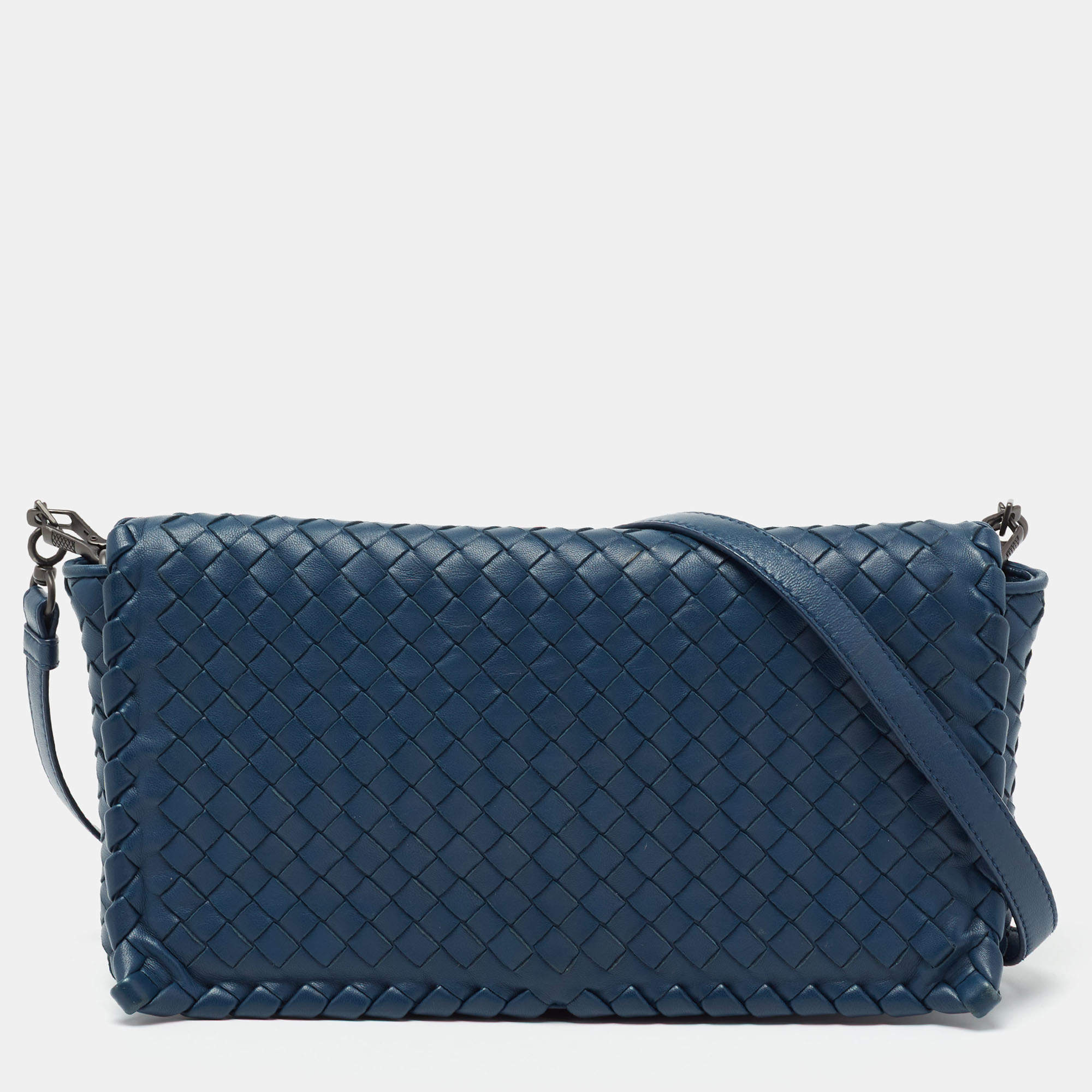 Pre Owned Bottega Veneta Blue Intrecciato Leather Flap Shoulder Bag