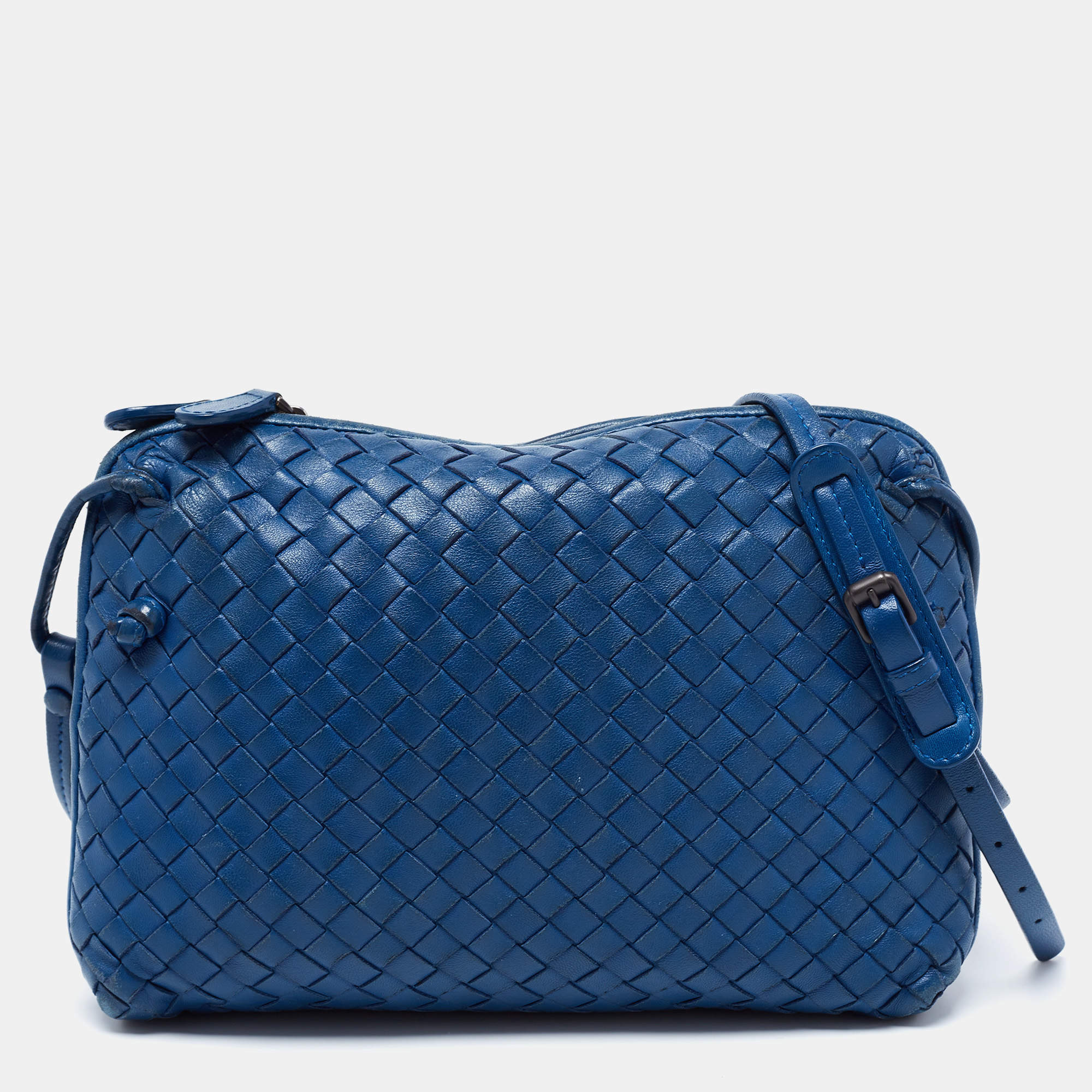 Pre Owned Bottega Veneta Blue Intrecciato Leather Nodini Crossbody Bag