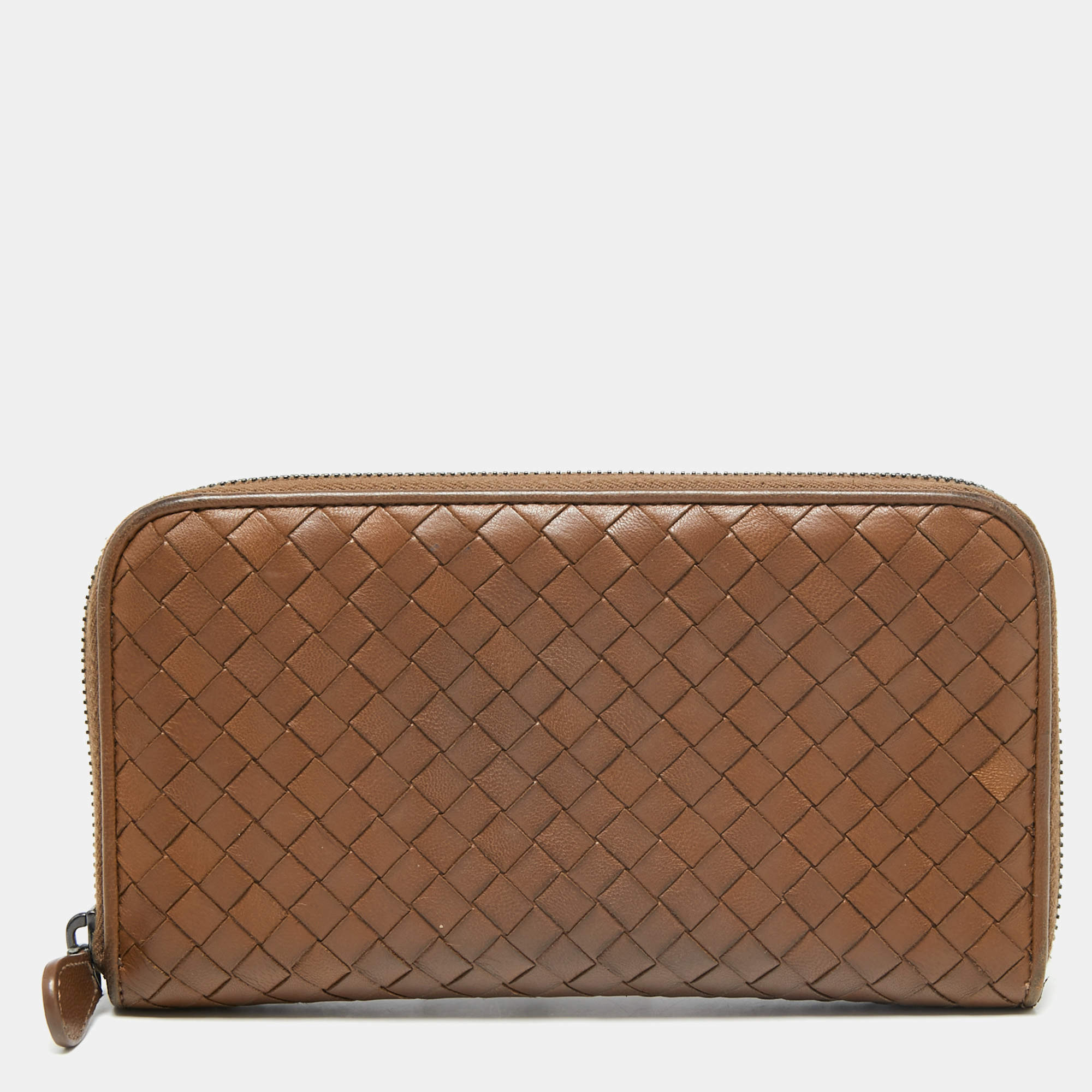 Pre Owned Bottega Veneta Brown Intrecciato Leather Zip Around Wallet