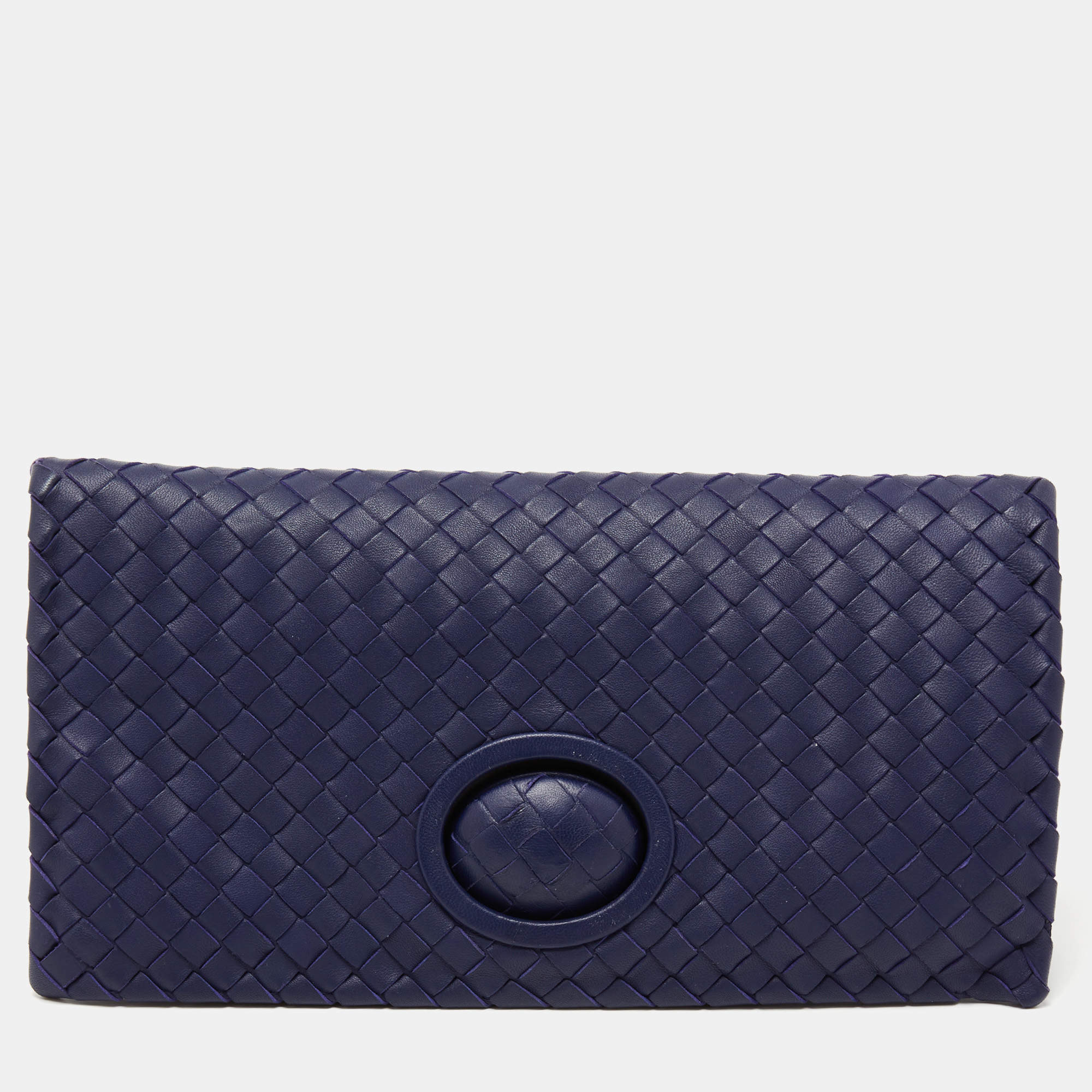 Pre Owned Bottega Veneta Dark Blue Intecciato Leather Clutch