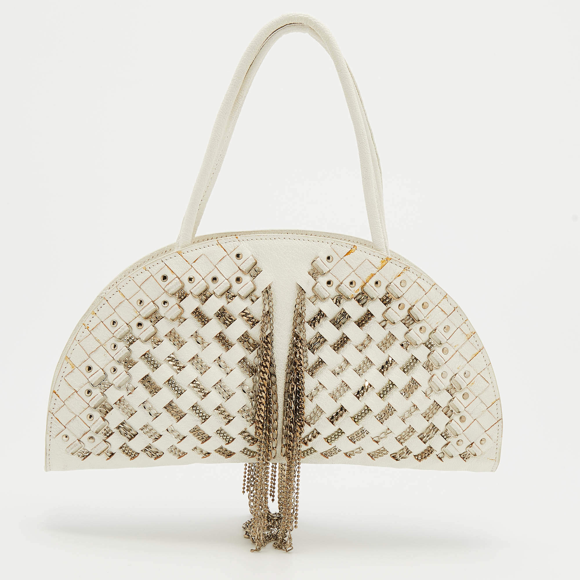 Pre Owned Bottega Veneta White Intrecciato Leather Top Handle Bag