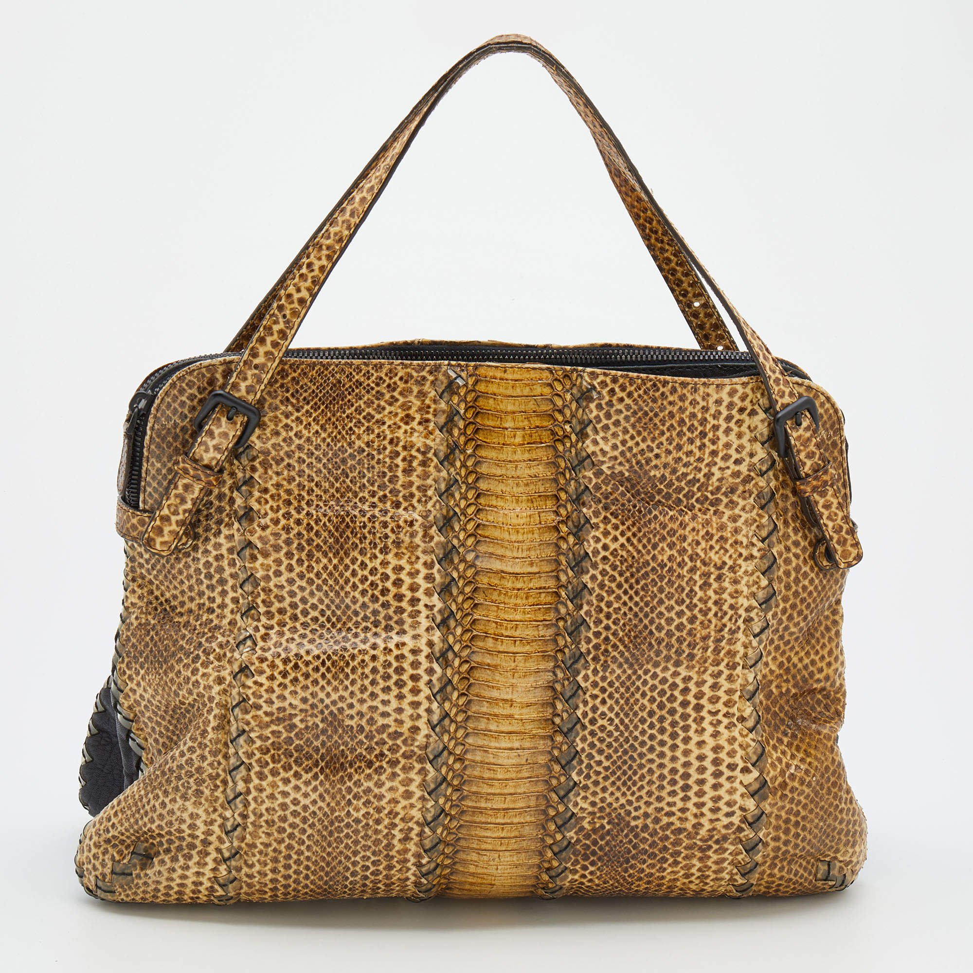 Pre Owned Bottega Veneta Beige Watersnake Double Zip Satchel