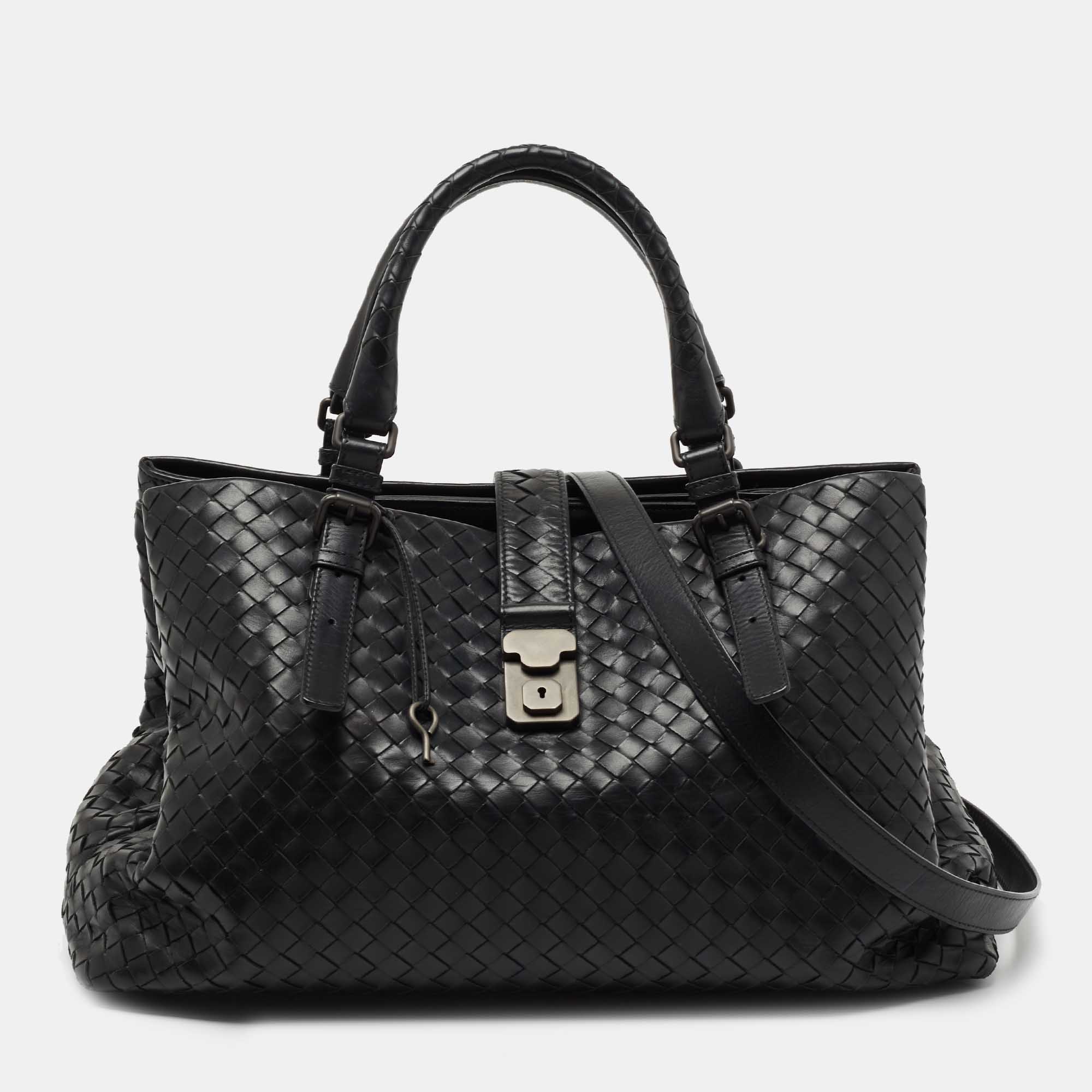 Pre Owned Bottega Veneta Black Intrecciato Leather Medium Roma Tote