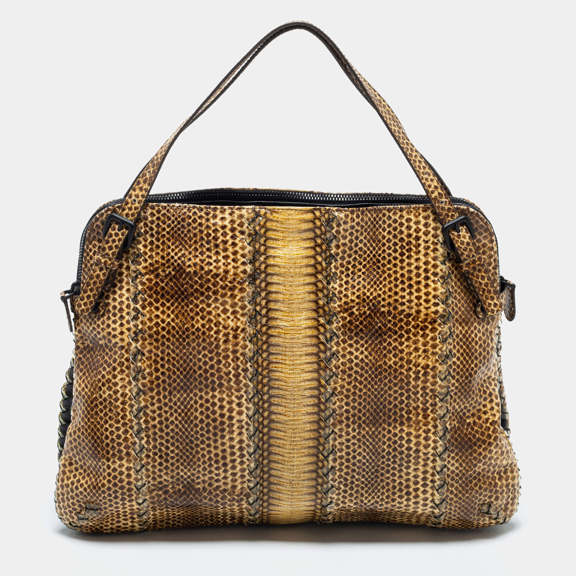 Pre Owned Bottega Veneta Beige Watersnake Double Zip Satchel