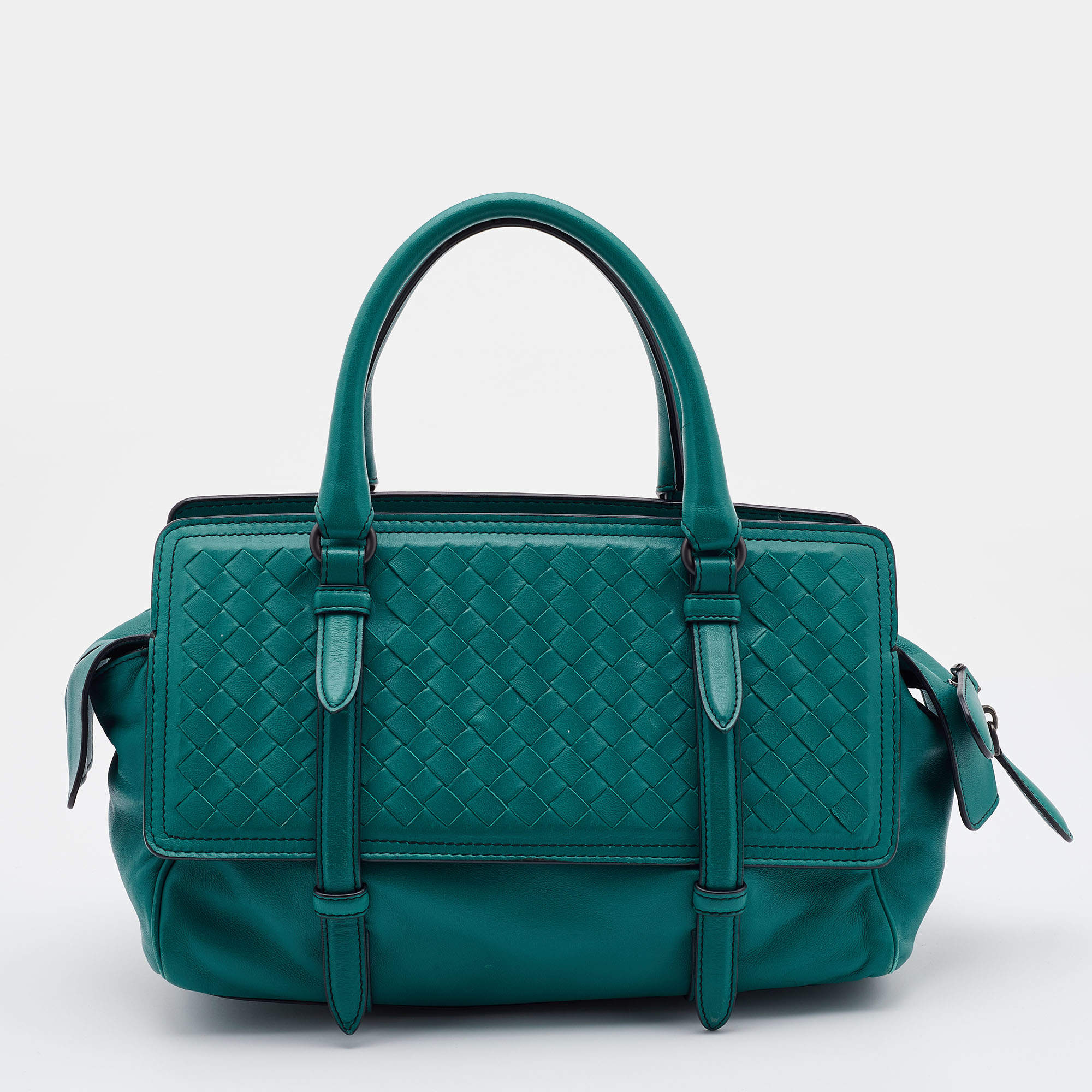 Pre Owned Bottega Veneta Turquoise Intrecciato Leather Monaco Satchel
