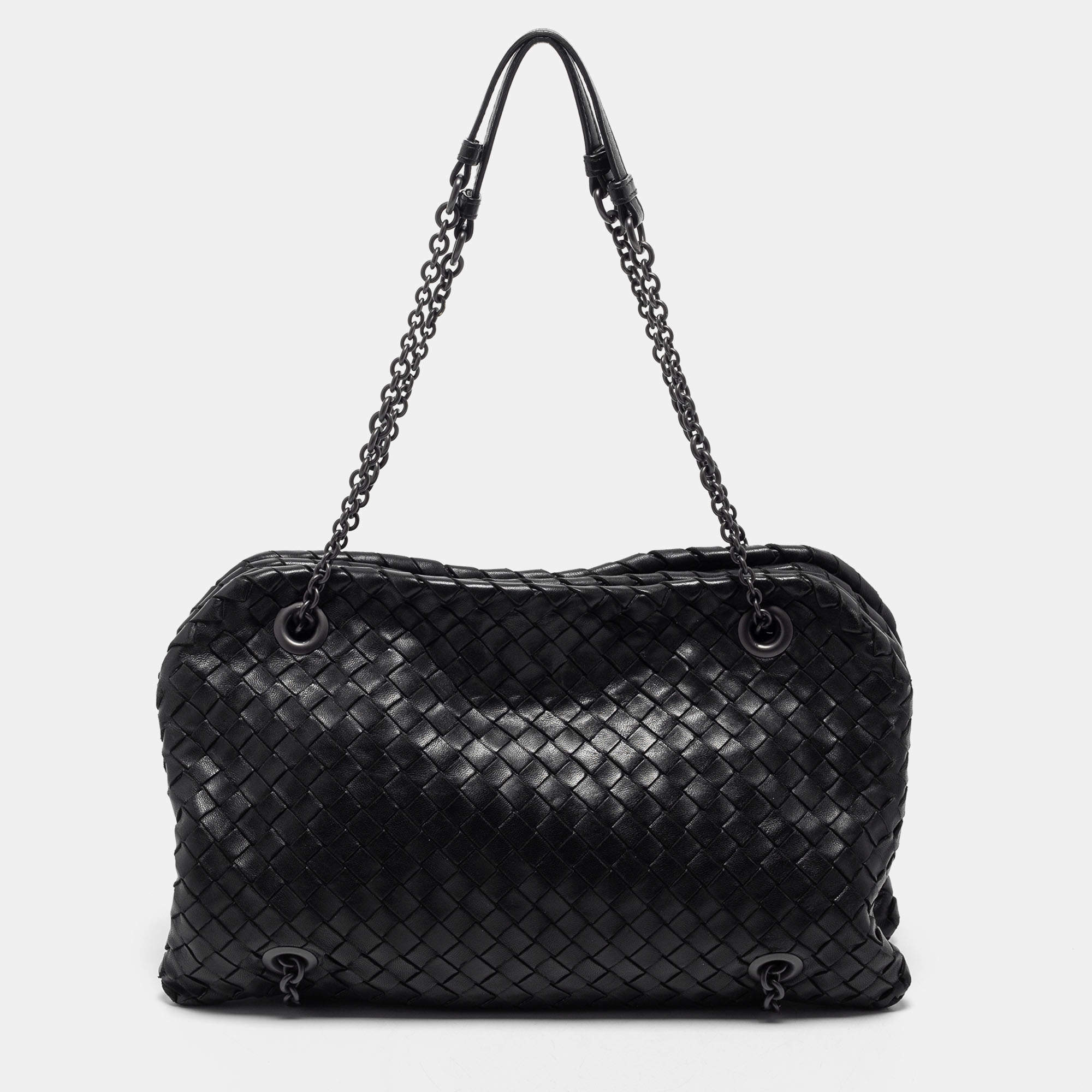 Pre Owned Bottega Veneta Black Intrecciato Leather Duo Shoulder Bag