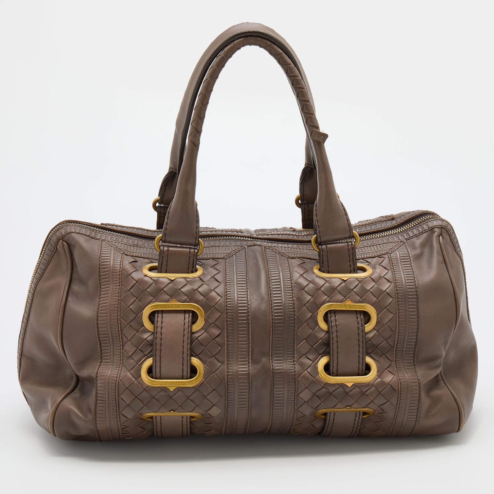 مملوكة مسبقًا Bottega Veneta Grey Intrecciato Leather Accordion Satchel 