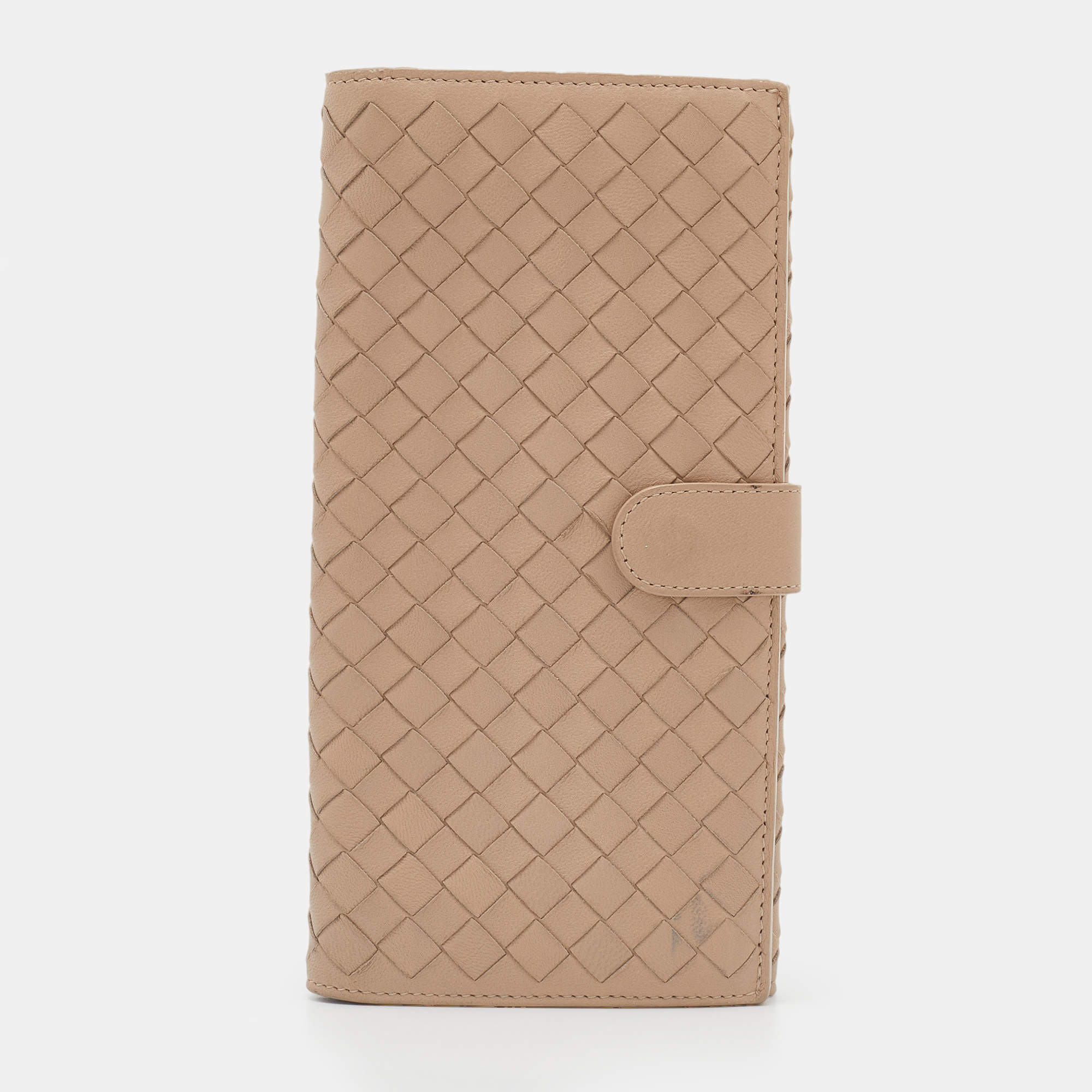 Pre Owned Bottega Veneta Beige Intrecciato Leather Long Compact Wallet