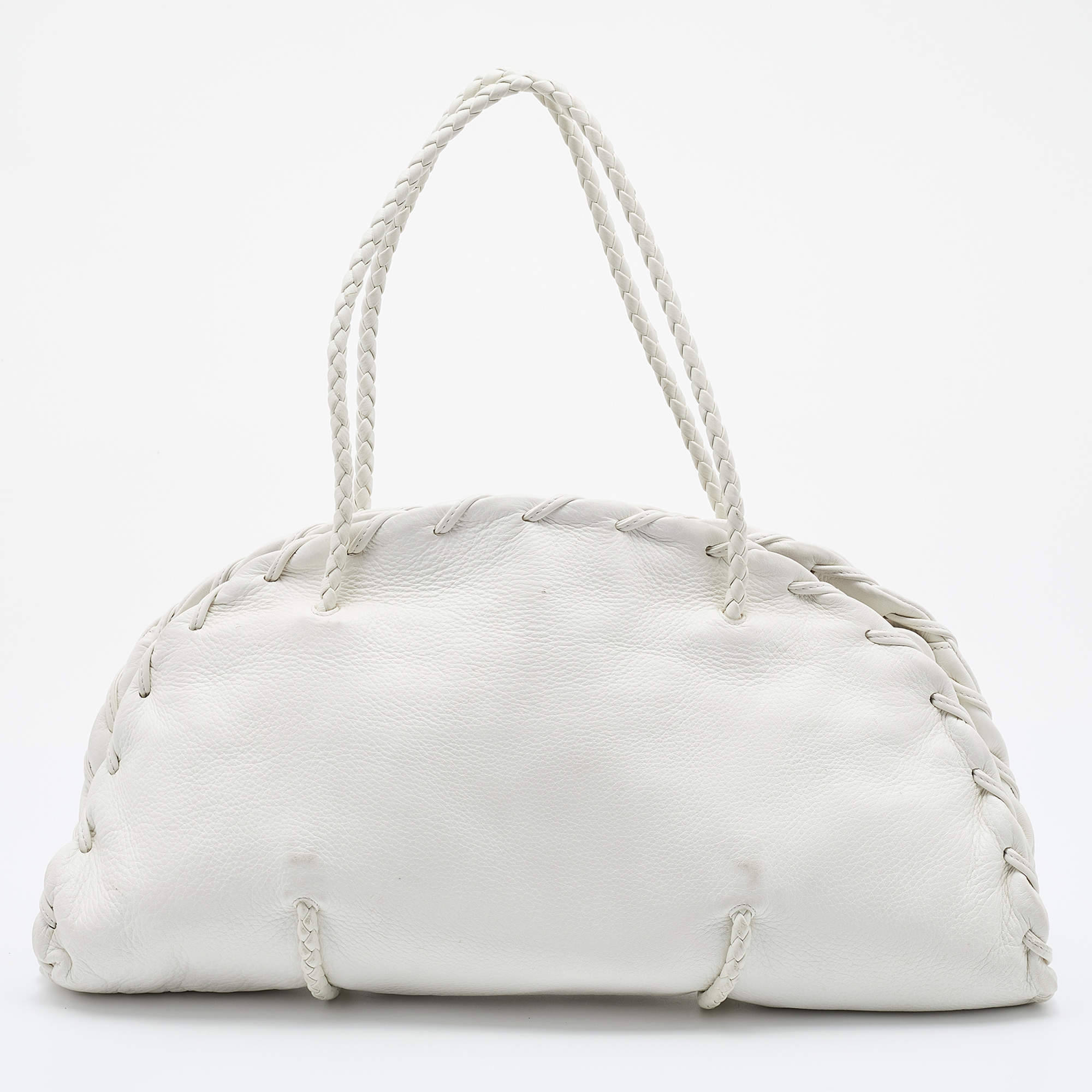 مملوكة مسبقًا Bottega Veneta White Leather Braided Edge Satchel