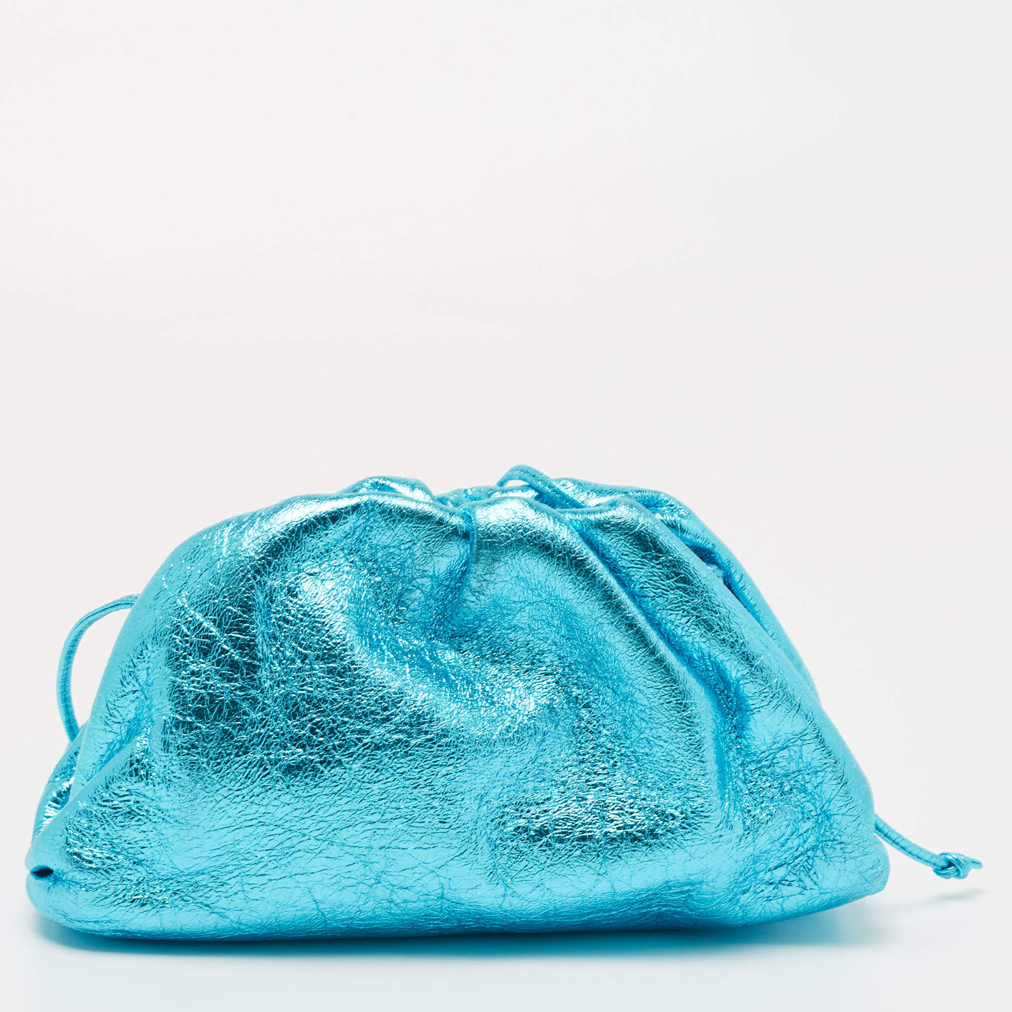 Pre Owned Bottega Veneta Metallic Blue Leather Mini The Pouch Bag