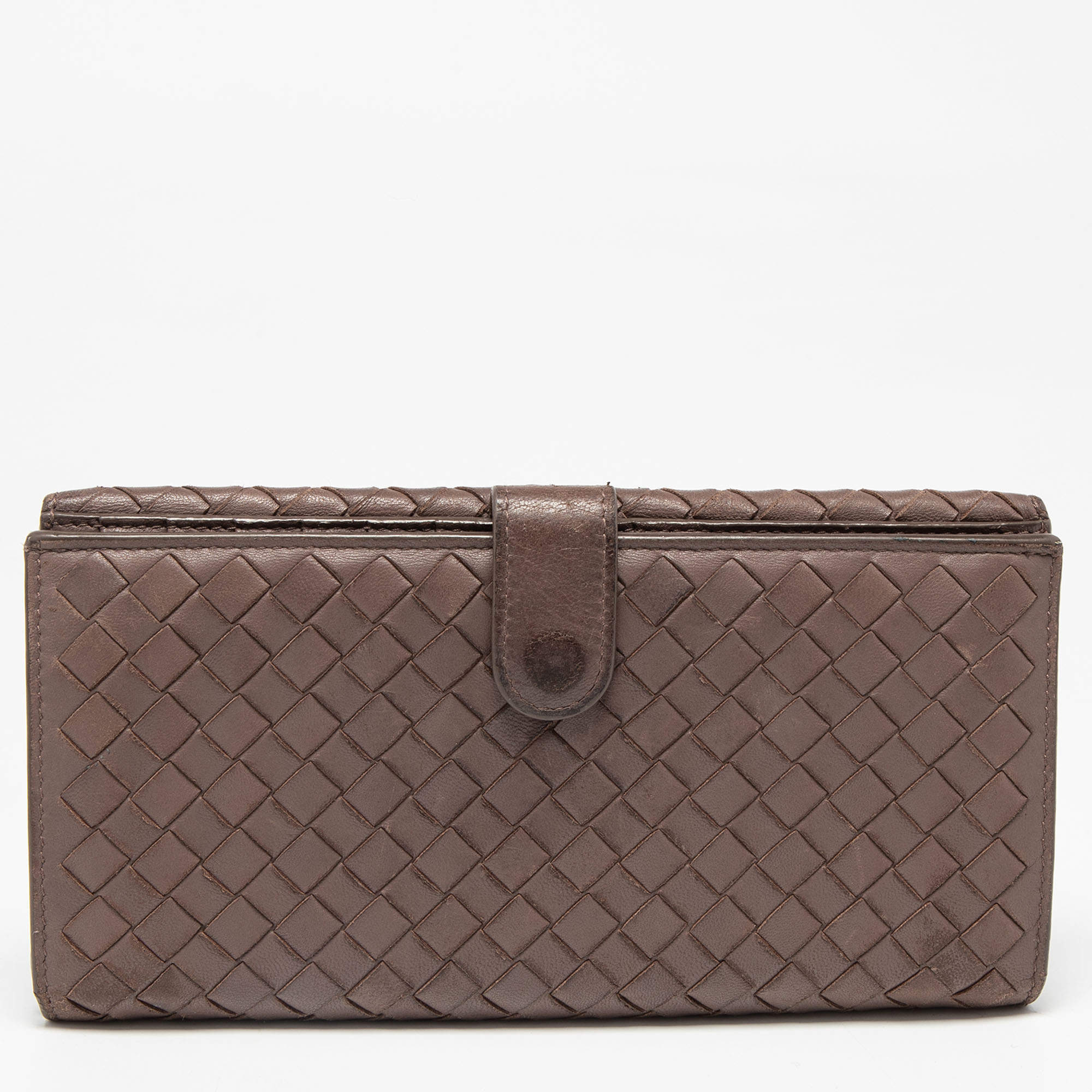 Pre Owned Bottega Veneta Brown Intrecciato Leather French Flap Continental Wallet