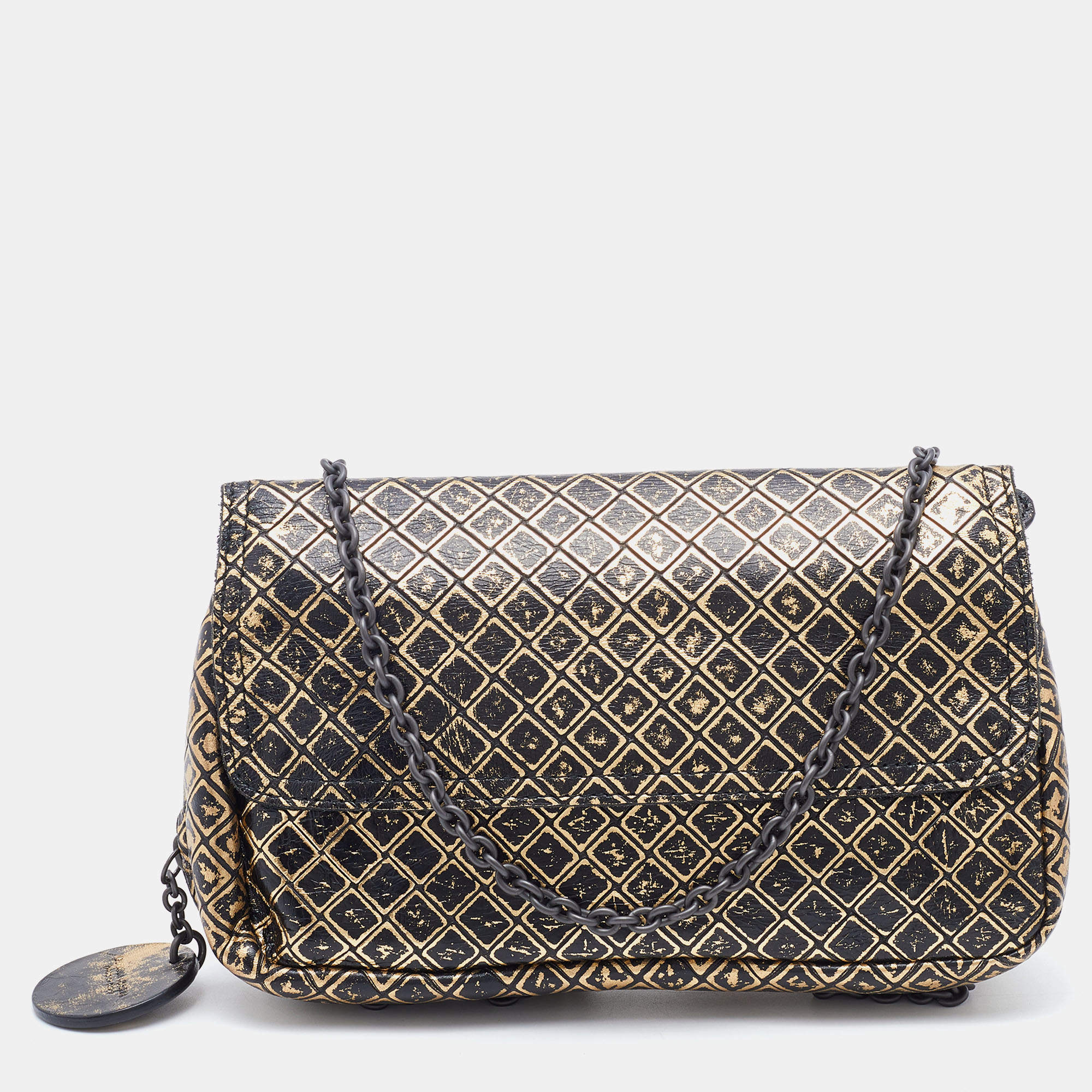 مملوكة مسبقًا Bottega Veneta Black/Gold Intrecciomirage Leather Chain Shoulder Bag